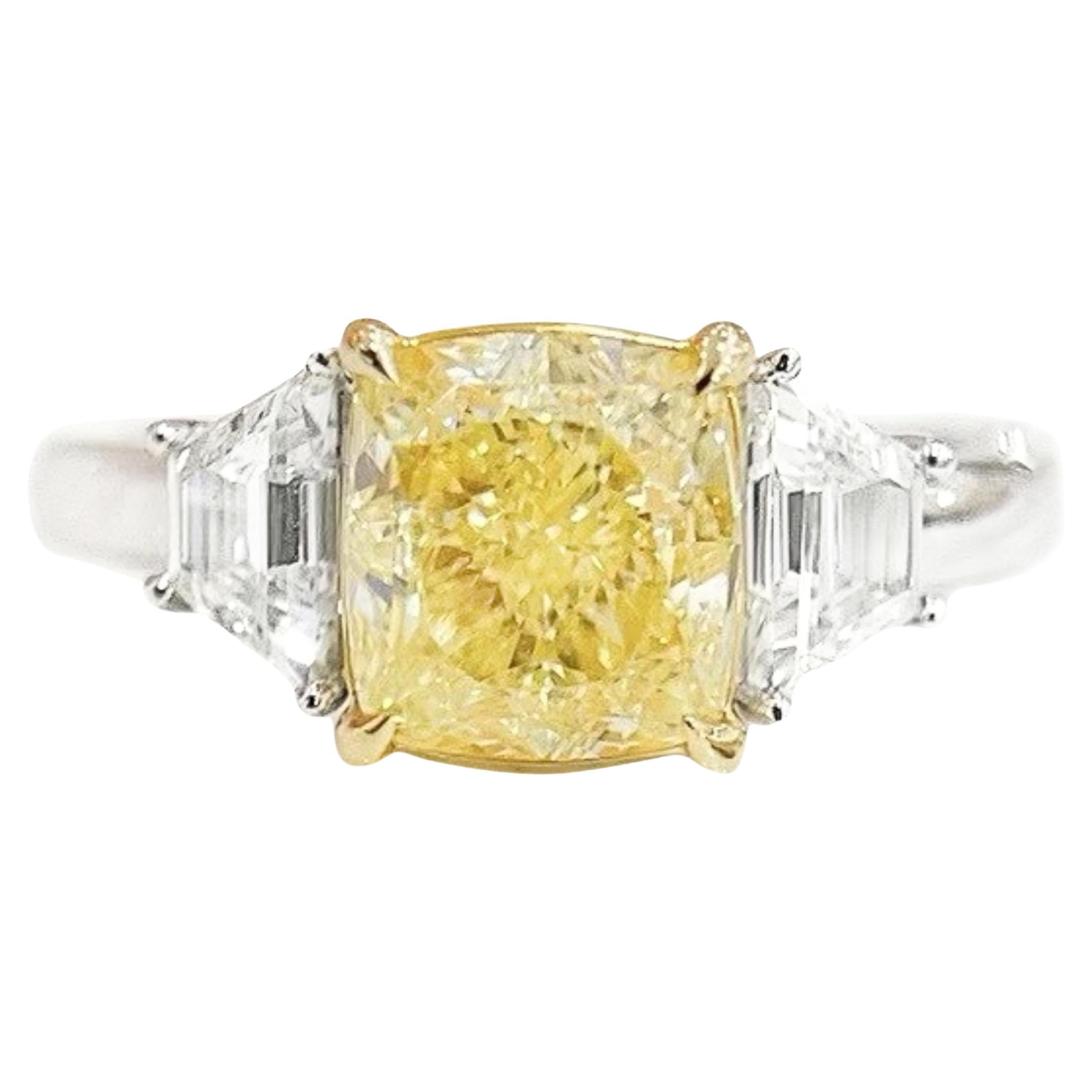 GIA Certified 2.01 CT Fancy Light Yellow Diamond Three-Stone Ring