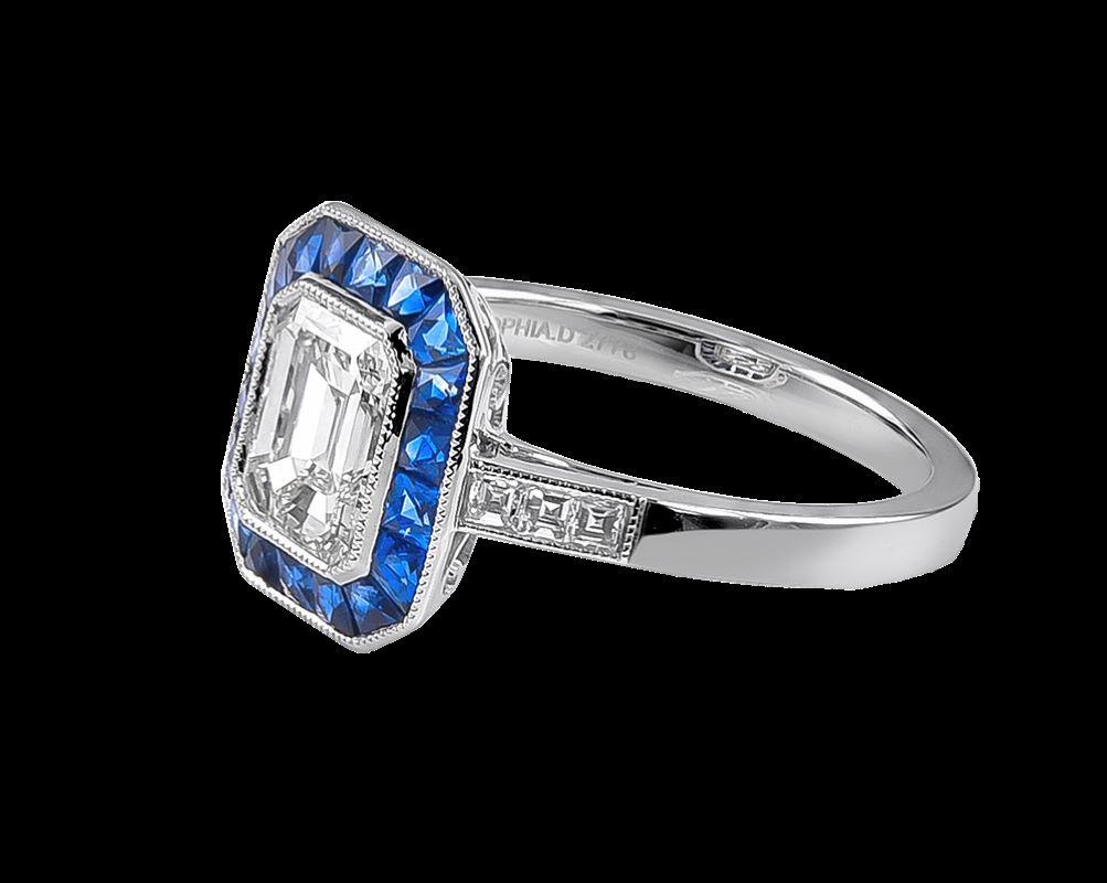 Art Deco GIA Certified 2.01 Emerald Cut Diamond Sapphire Platinum Ring by Sophia D. For Sale