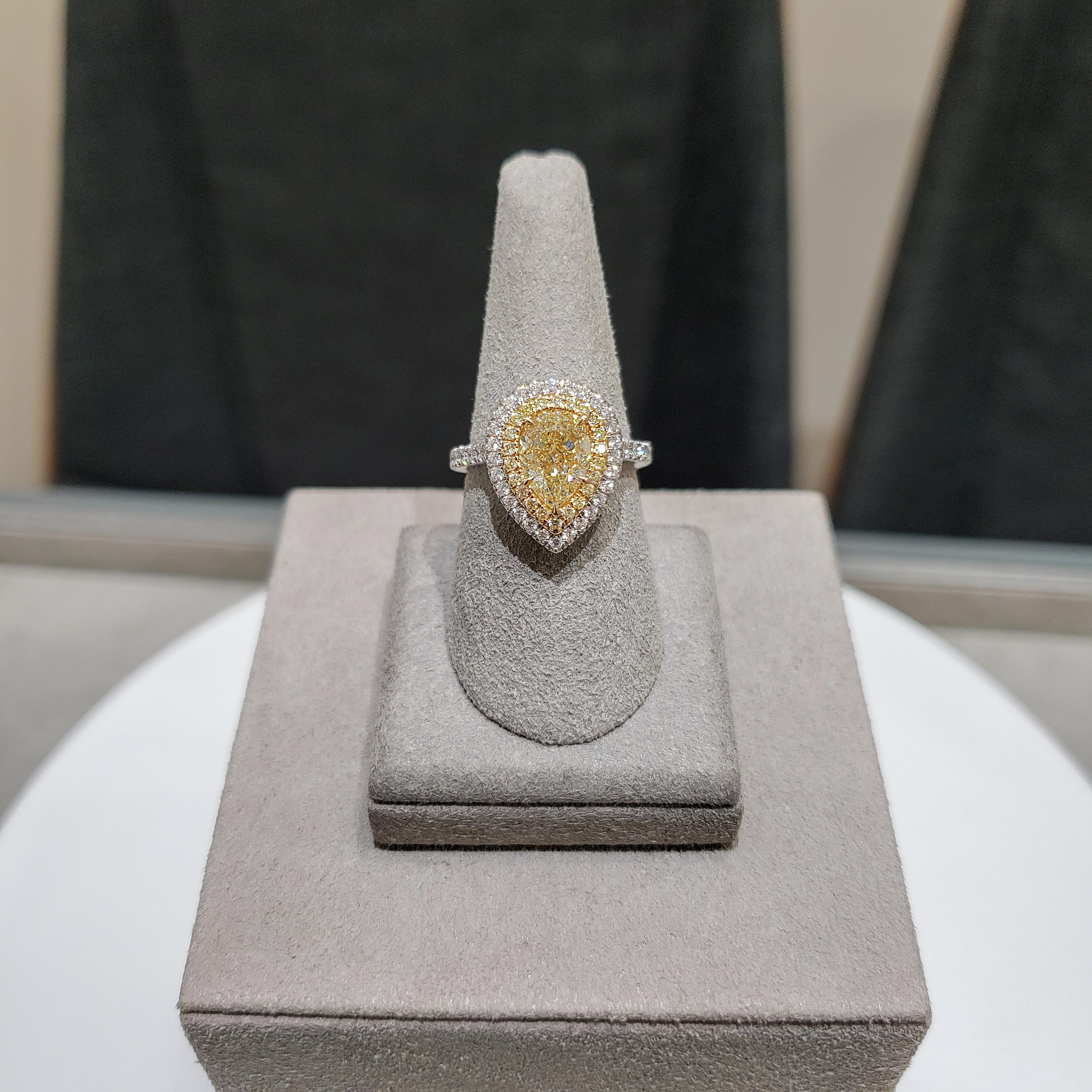 Verlobungsring, GIA zertifizierter 2,01 birnenförmiger gelber Diamant mit doppeltem Halo (Tropfenschliff)