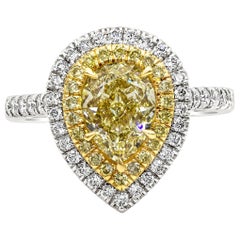 GIA Certified 2.01 Pear Shape Yellow Diamond Double Halo Engagement Ring