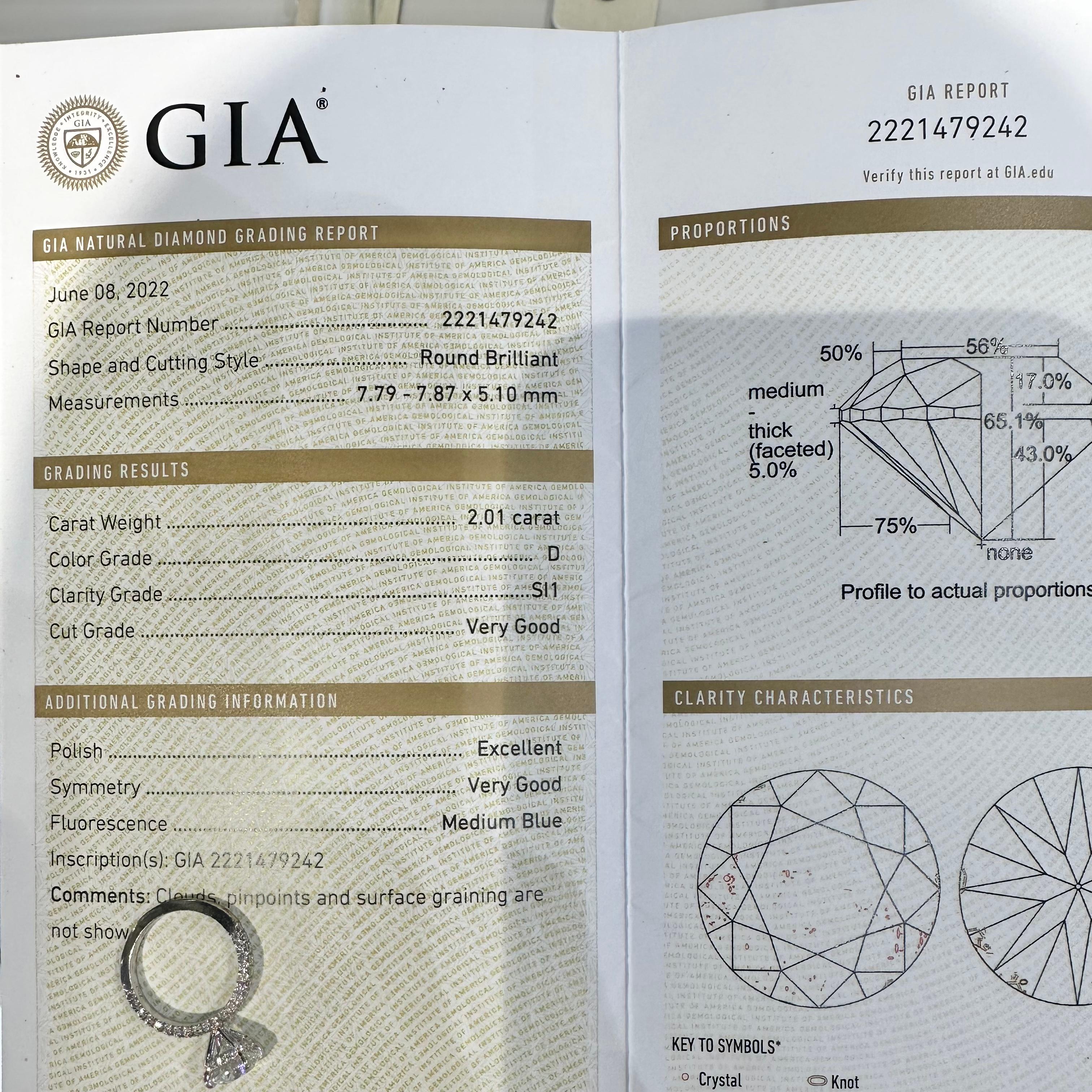 GIA-zertifizierter Verlobungsring mit 2,01 rundem Brillantschliff und Pavé-Fassung für Damen oder Herren