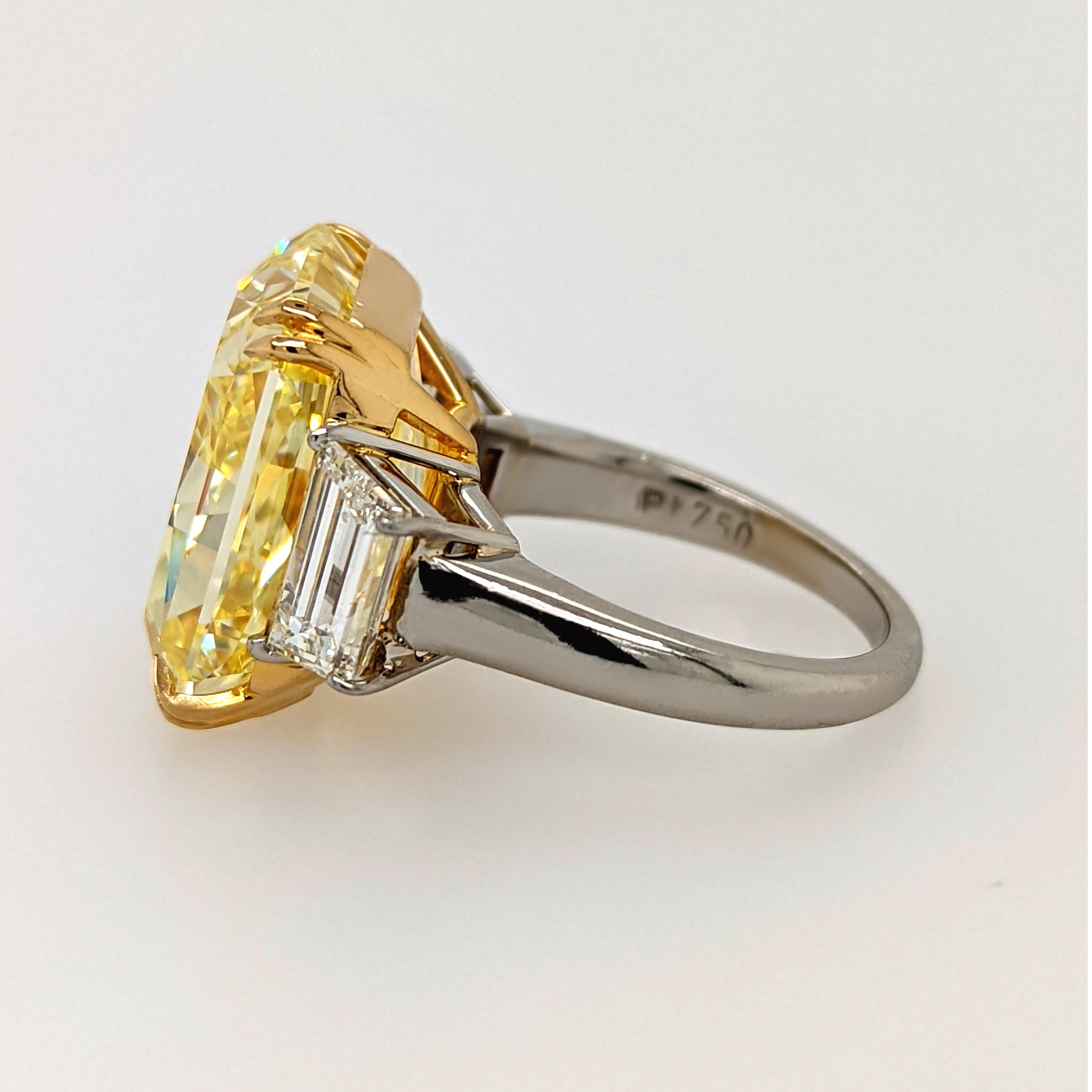Radiant Cut Dana M. GIA Certified 20.17 Carat Fancy Intense Yellow Diamond Ring For Sale