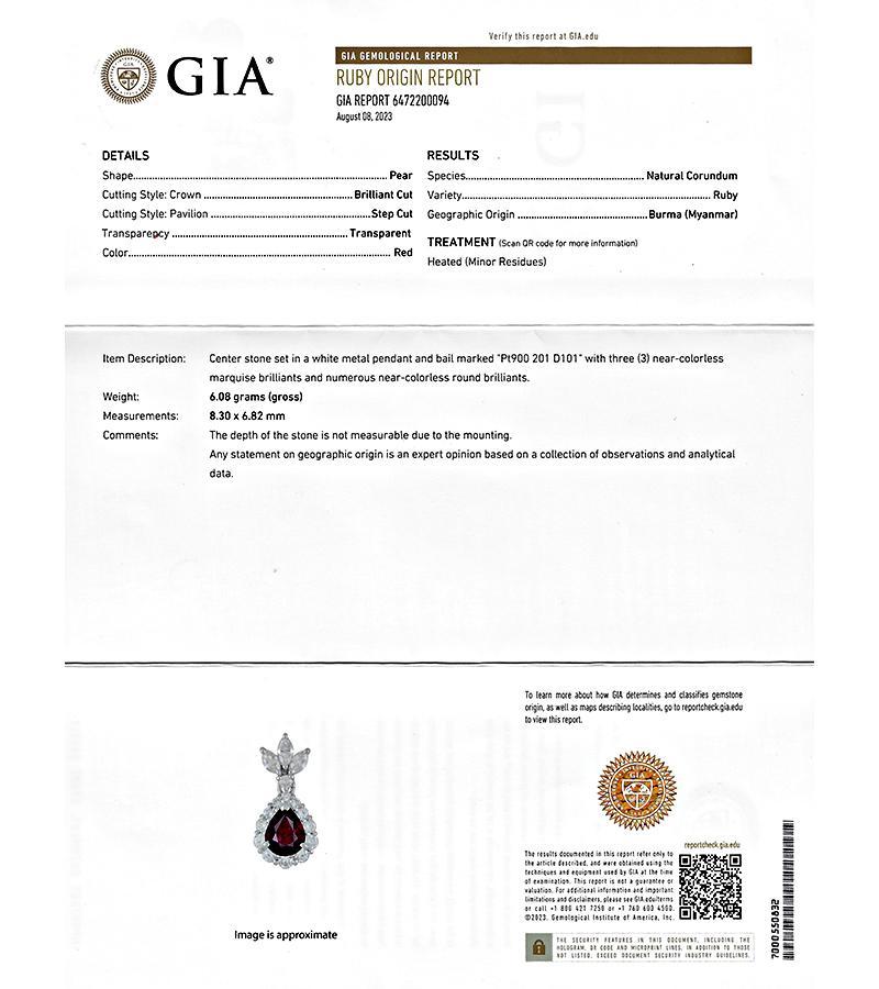 GIA Certified 2.01ct Burma Ruby 1.01ct Diamond Pendant Necklace In Good Condition For Sale In New York, NY