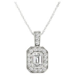 GIA Certified 2.01ct Emerald Cut Diamond Milgrain Halo Pendant Necklace