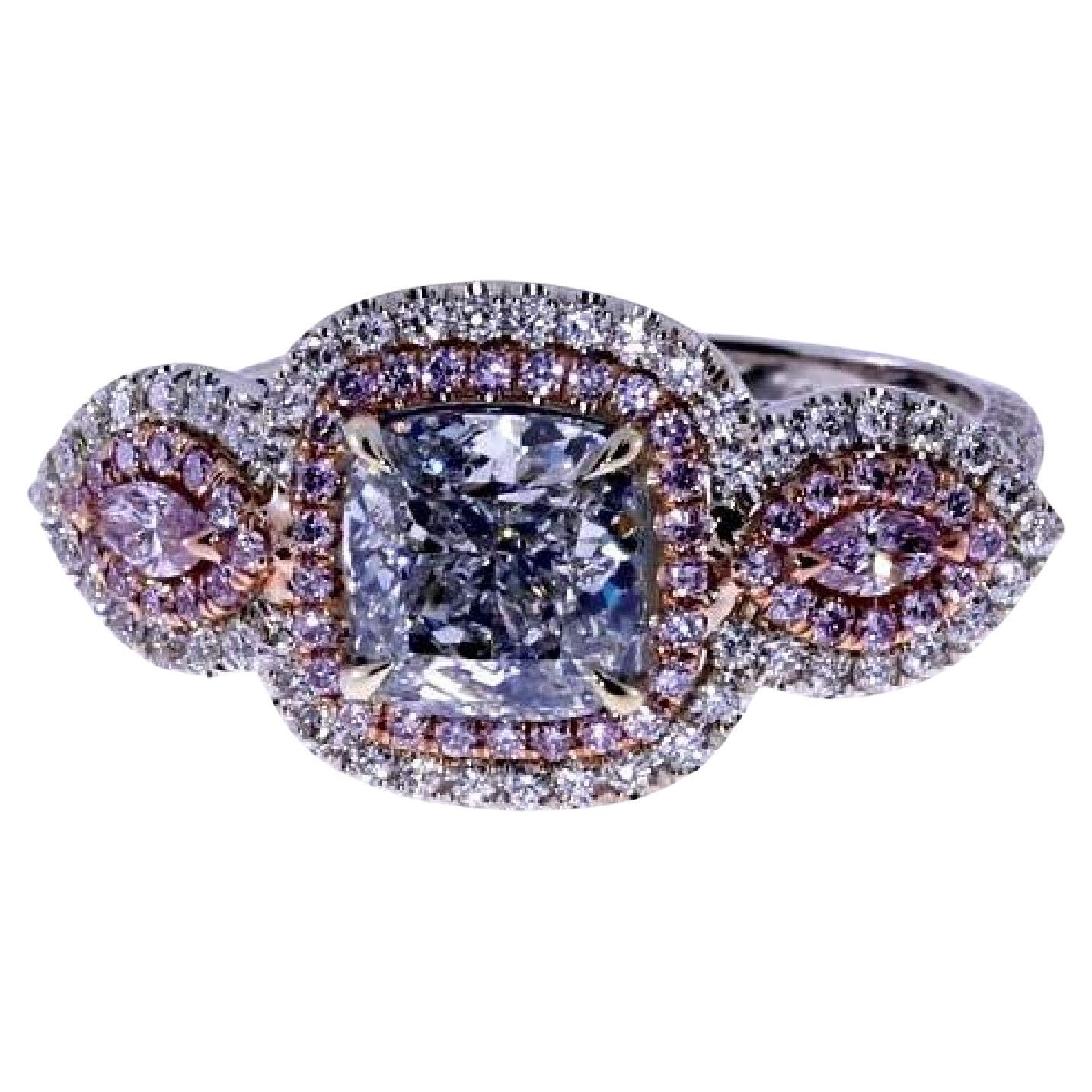 GIA Certified 2.01ct Natural Blue Cushion Diamond Ring with Pink Diamonds For Sale