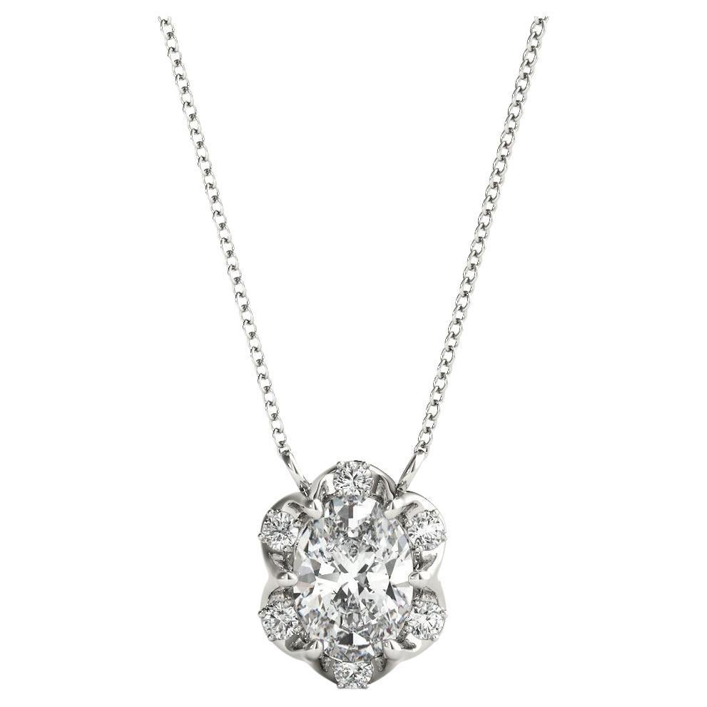 GIA Certified 2.01ct Oval Diamond Flower Cluster Pendant Necklace in White Gold