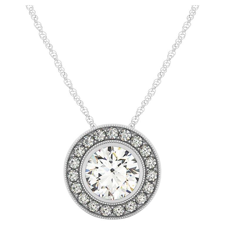 GIA Certified 2.01ct Round Diamond Milgrain Halo Gold Pendant Necklace