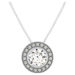 GIA Certified 2.01ct Round Diamond Milgrain Halo Gold Pendant Necklace