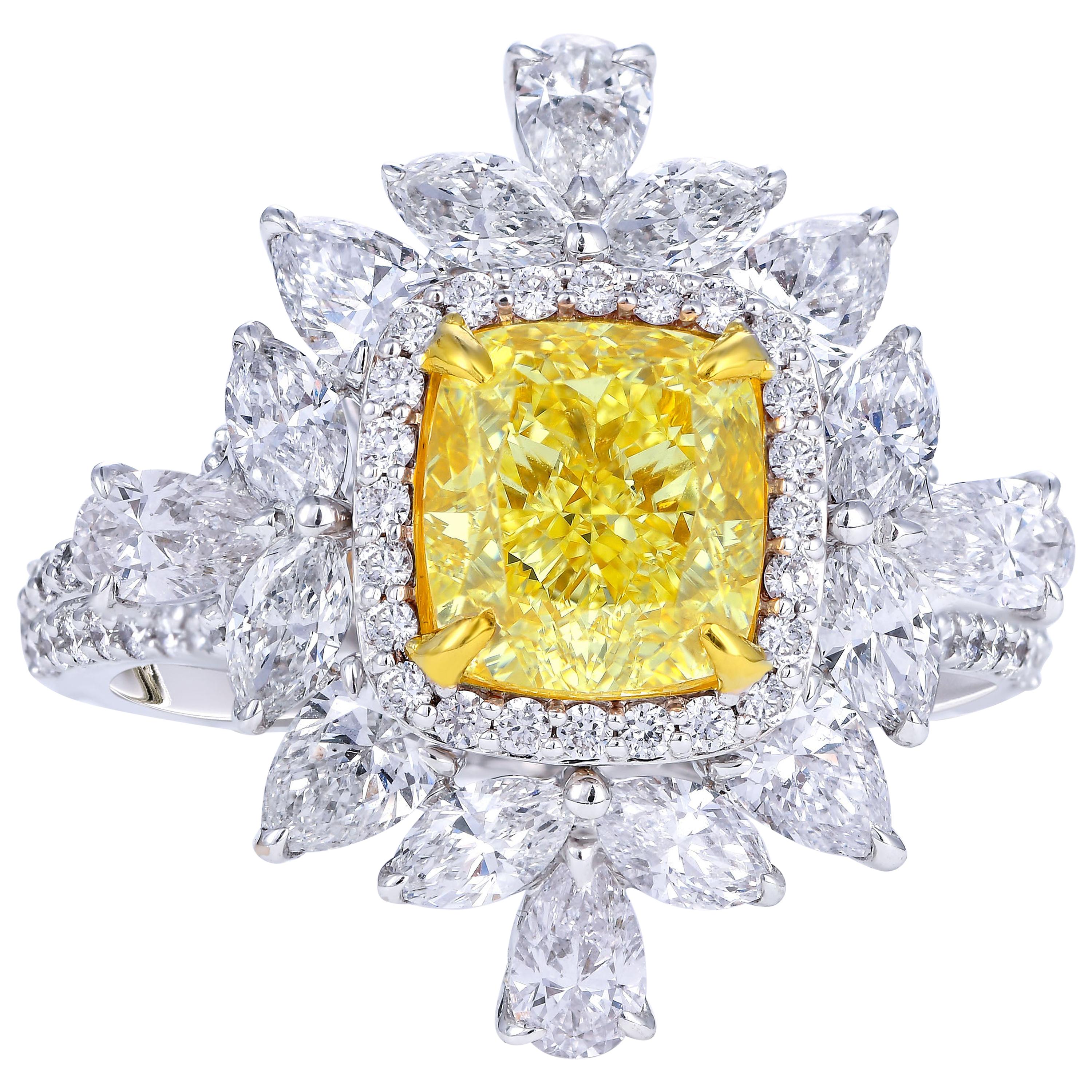 GIA Certified, 2.01 Carat Yellow Cushion Diamond Engagement Ring, 3.96 Carat