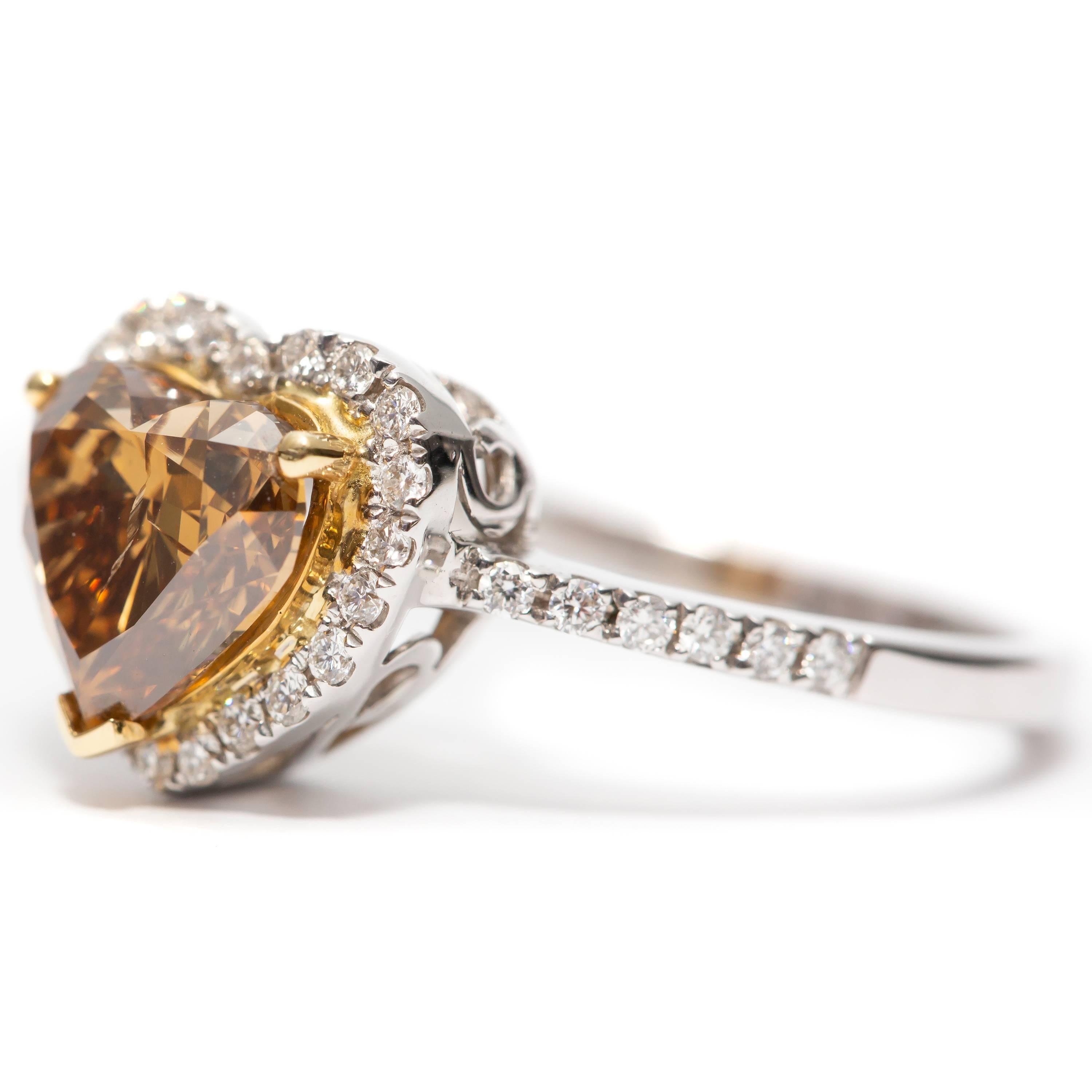 Round Cut GIA Certified 2.02 Carat 18 Karat White Gold Brown Diamond Halo Engagement Ring For Sale