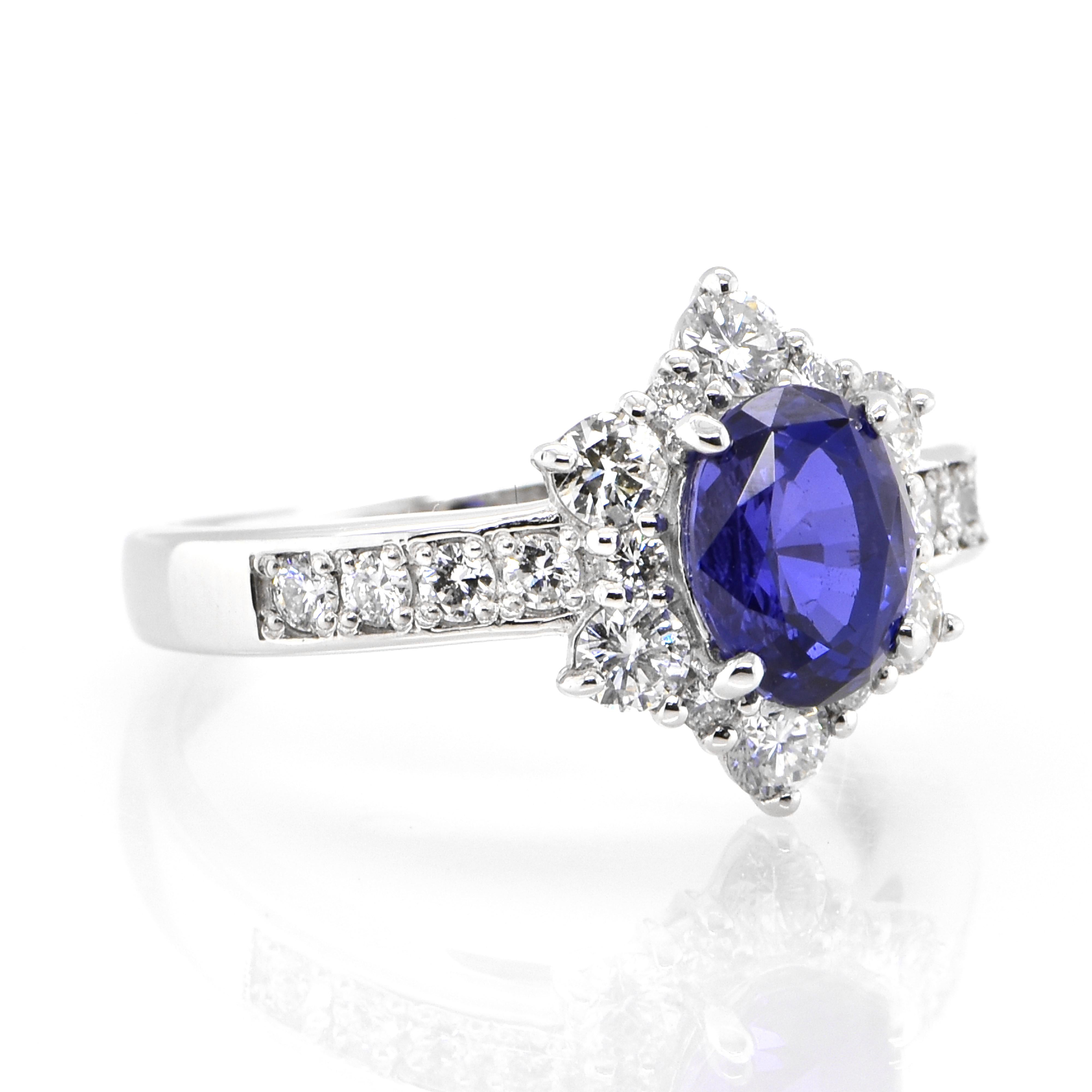 A beautiful ring featuring GIA Certified 2.02 Carat Natural Color-Change Sapphire and 0.74 Carats Diamond Accents set in Platinum. Sapphires have extraordinary durability - they excel in hardness as well as toughness and durability making them very