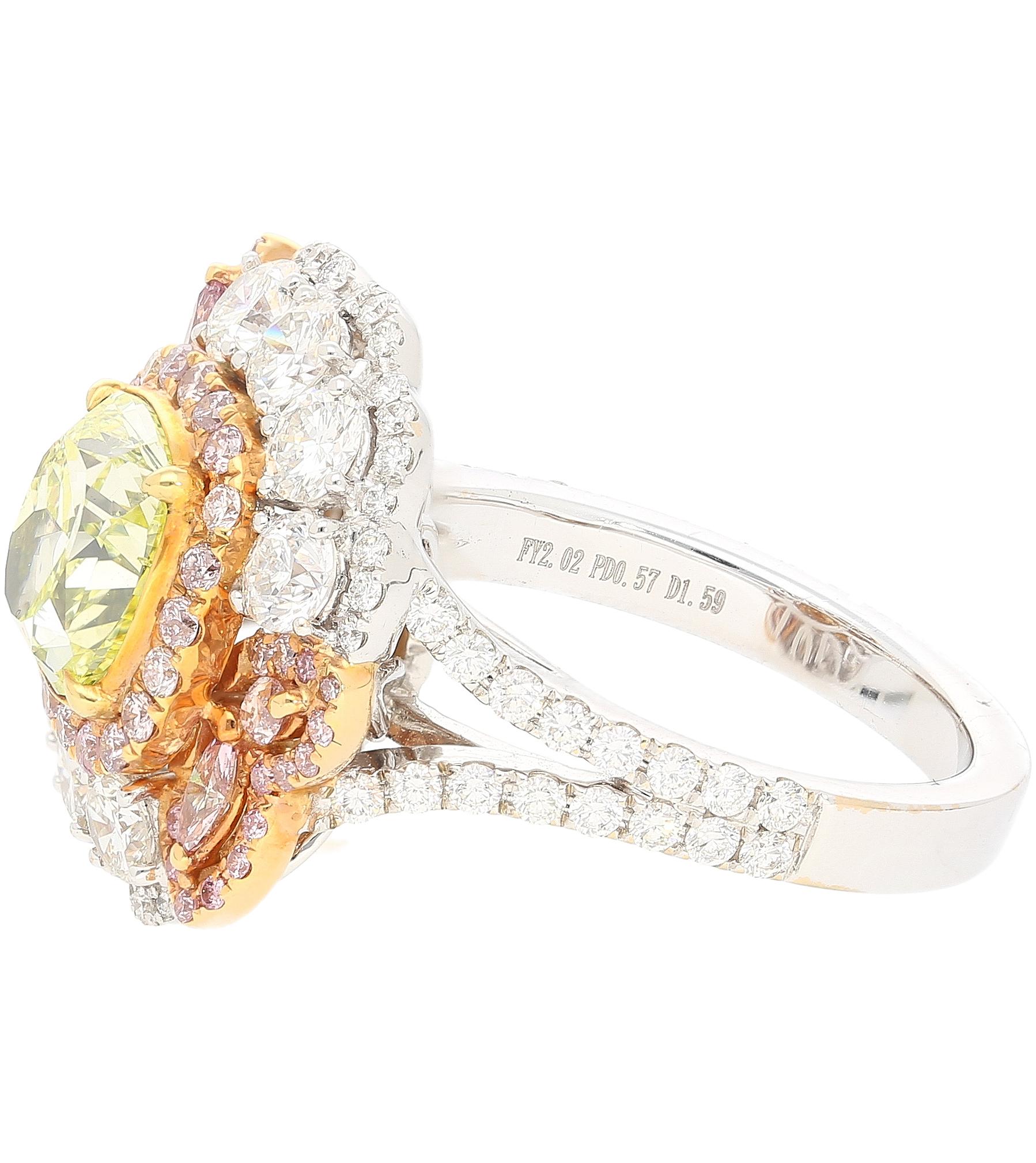 Modern GIA Certified 2.02 Carat Cushion Cut Fancy Greenish Yellow Diamond Ring For Sale