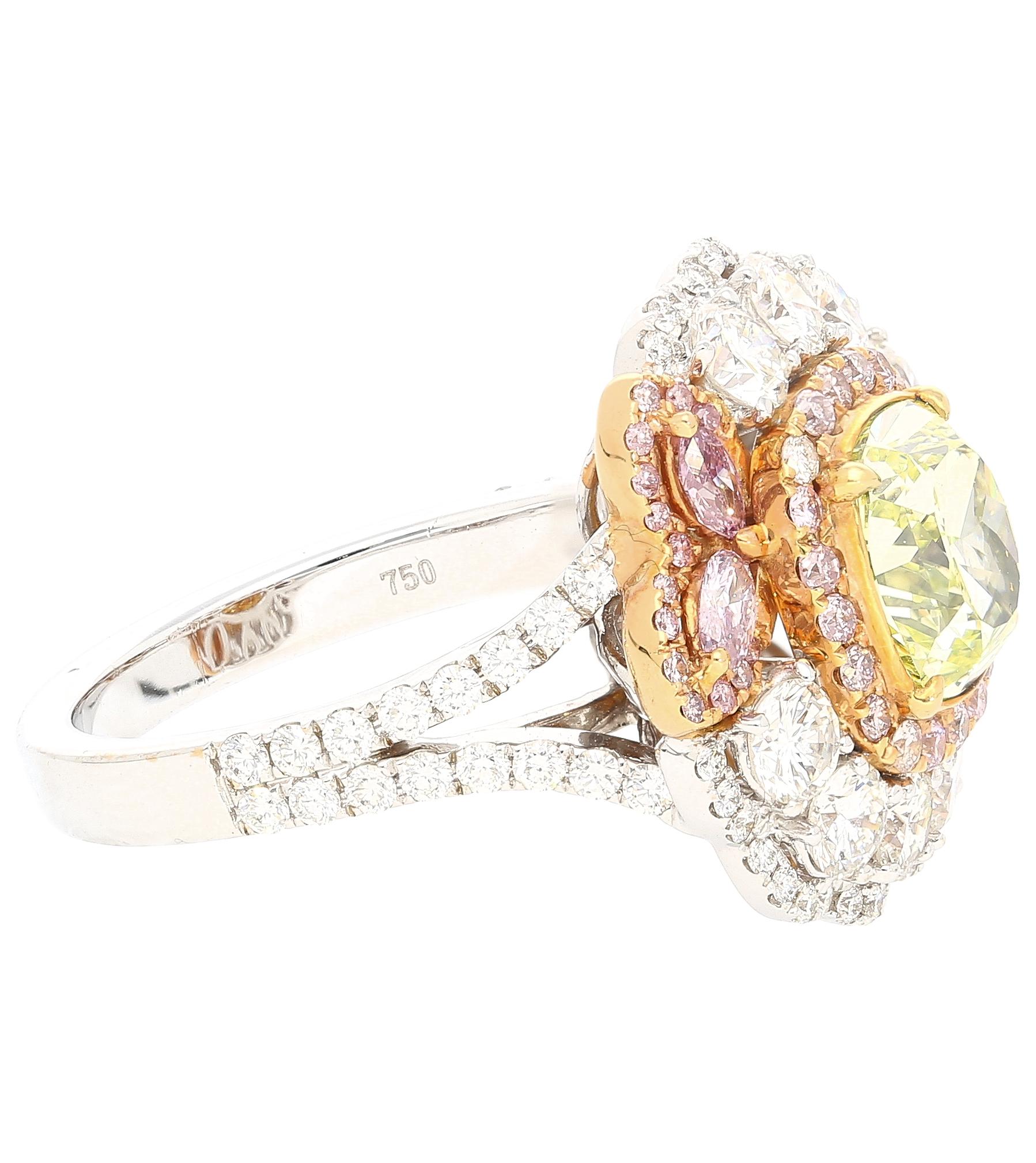 GIA Certified 2.02 Carat Cushion Cut Fancy Greenish Yellow Diamond Ring In New Condition For Sale In Miami, FL