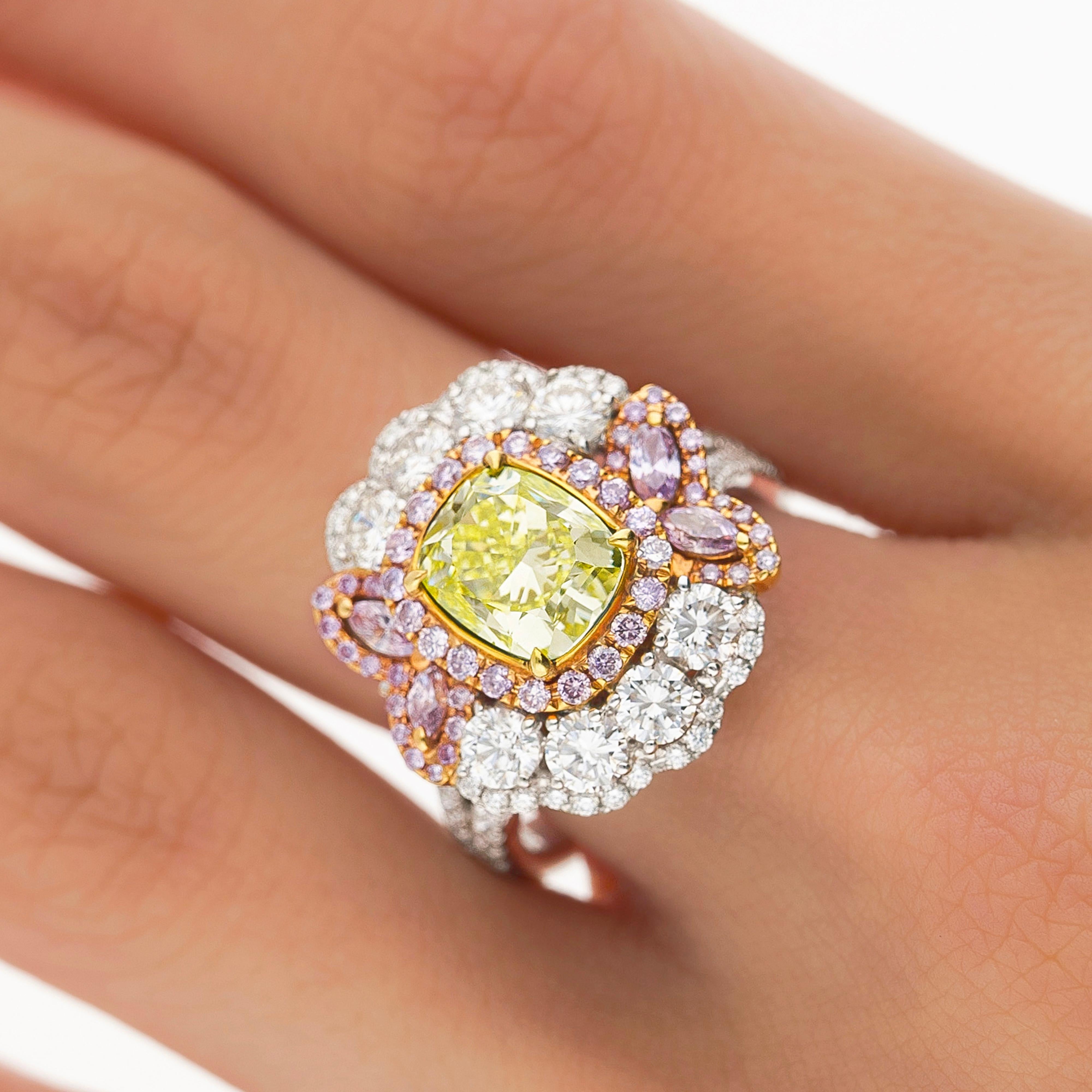 Modern GIA Certified 2.02 Carat Cushion Cut Fancy Greenish Yellow Diamond Ring For Sale