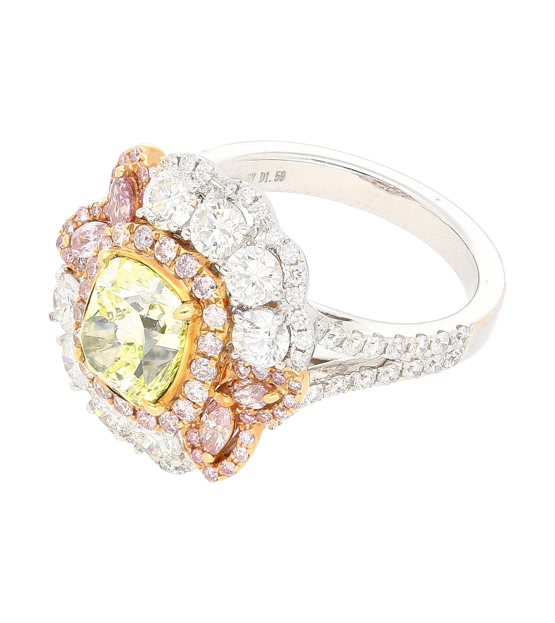 GIA Certified 2.02 Carat Cushion Cut Fancy Greenish Yellow Diamond Ring For Sale 1