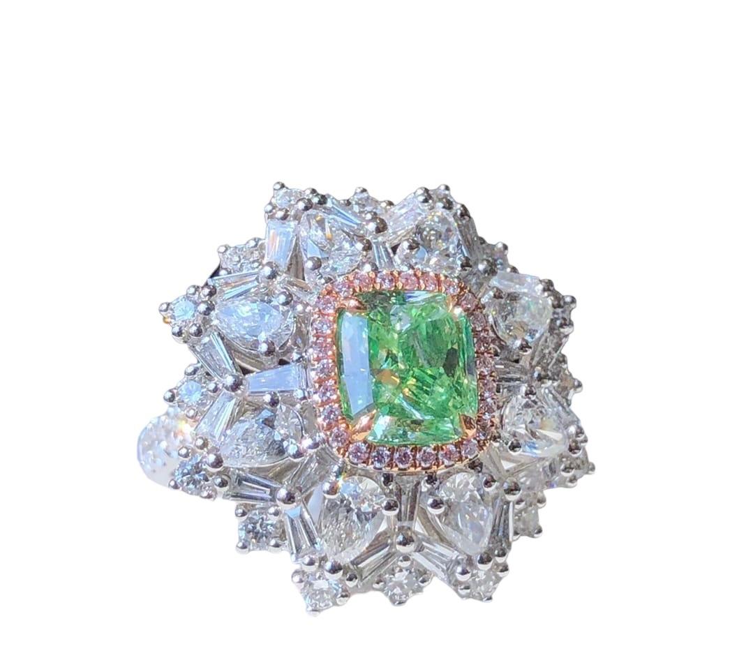 Modernist GIA Certified 2.02 Carat Cushion Cut Green Diamond Halo Pendant Ring For Sale