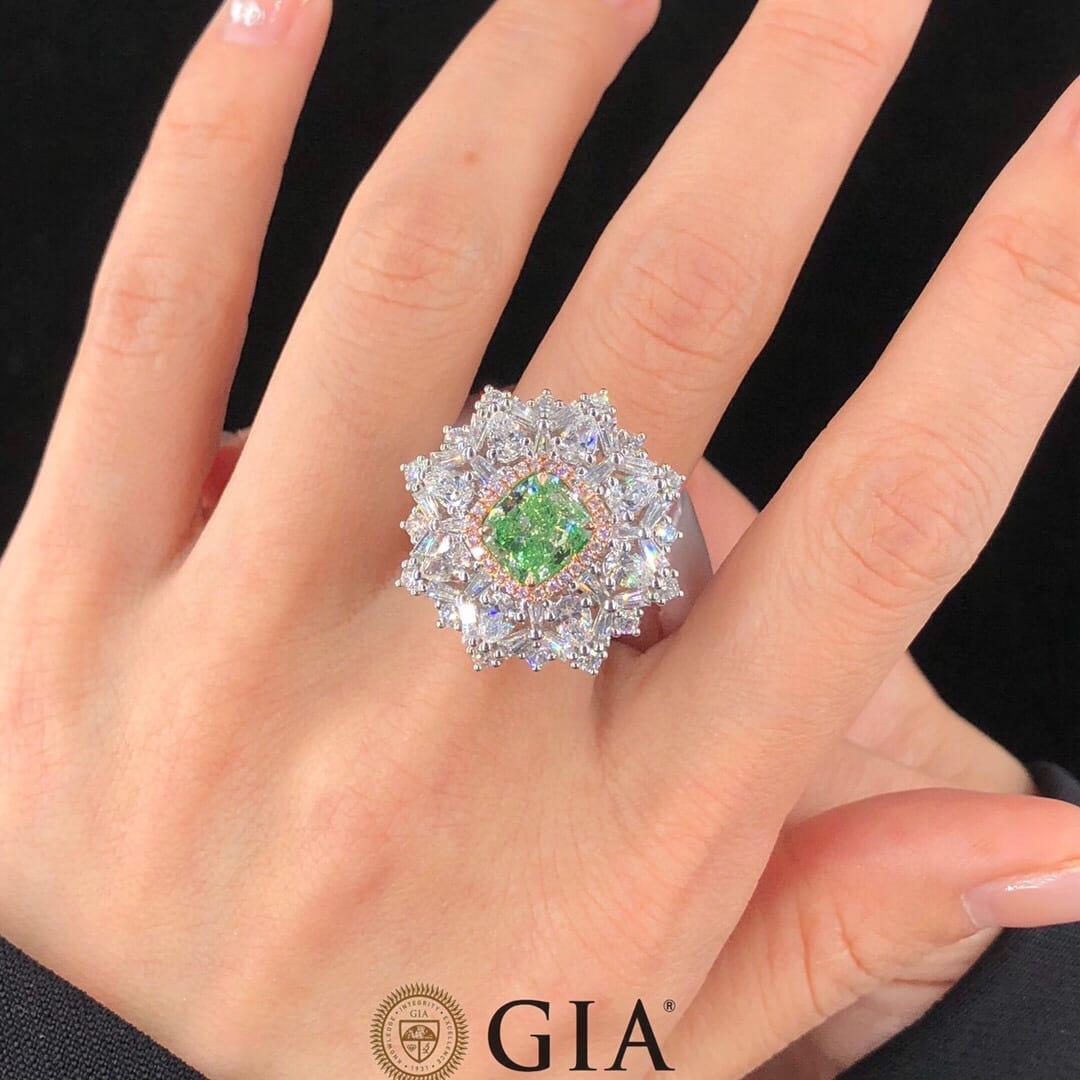 Women's GIA Certified 2.02 Carat Cushion Cut Green Diamond Halo Pendant Ring For Sale