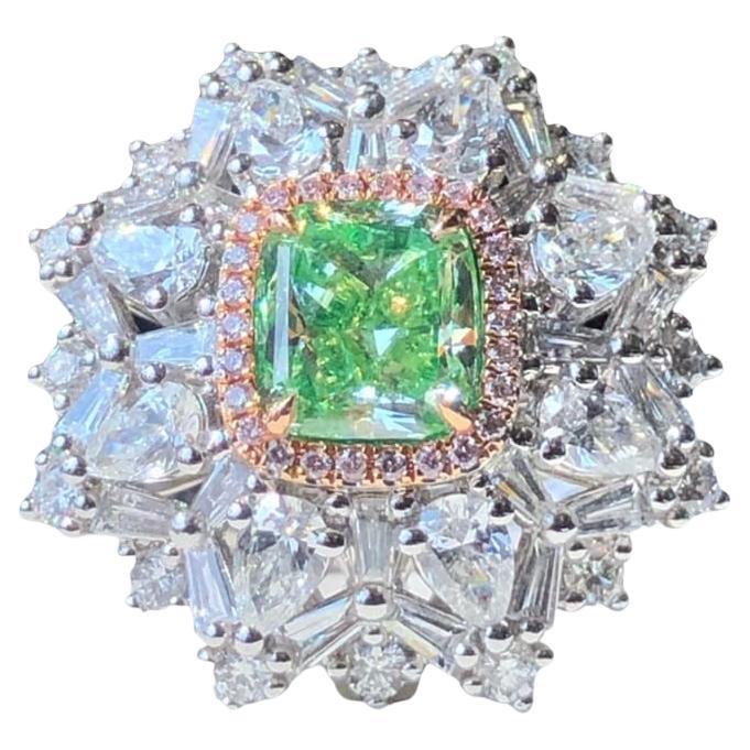 GIA Certified 2.02 Carat Cushion Cut Green Diamond Halo Pendant Ring For Sale
