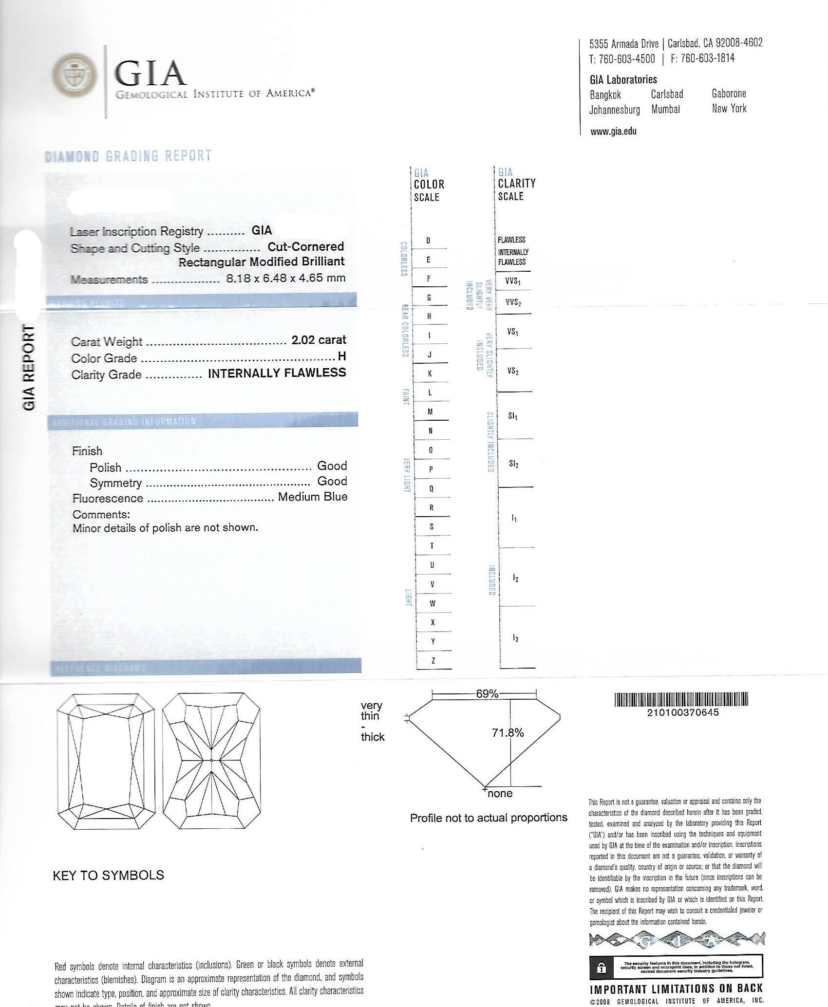GIA-zertifizierter rechteckiger Diamant-Anhänger mit 2,02 Karat Schliff (Radiantschliff) im Angebot