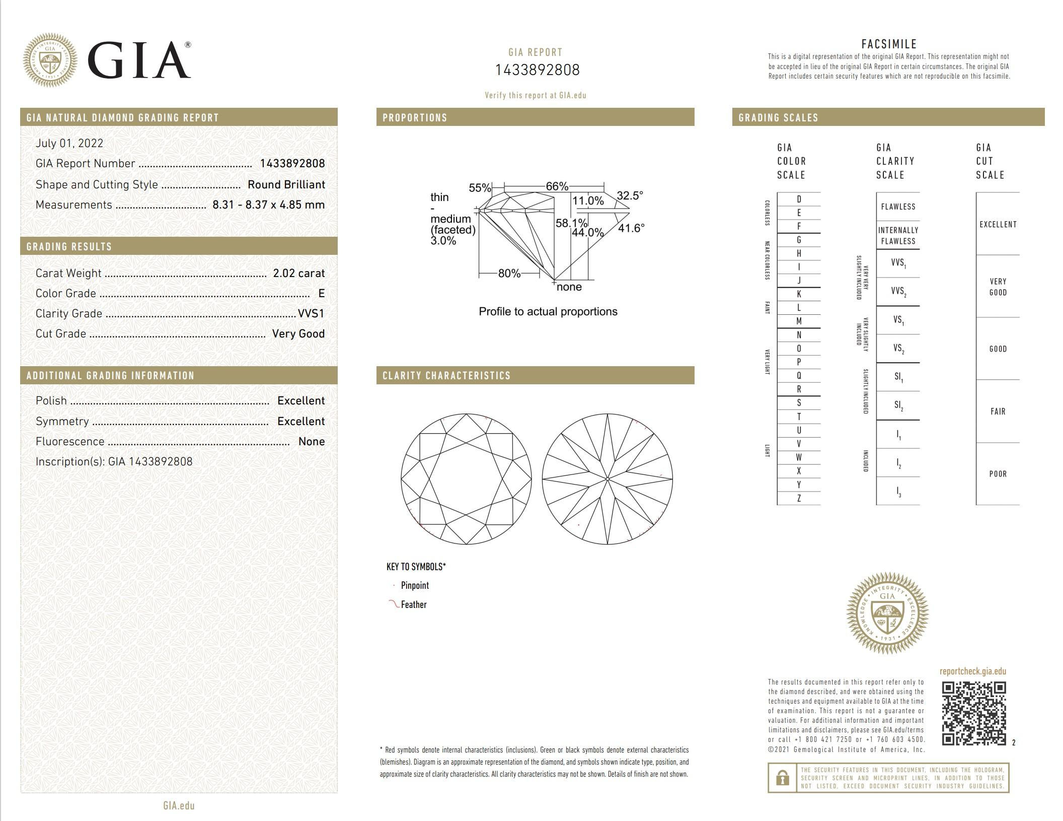 GIA Certified 2.02 Carat E Colour VVS1 Clarity Diamond For Sale 1