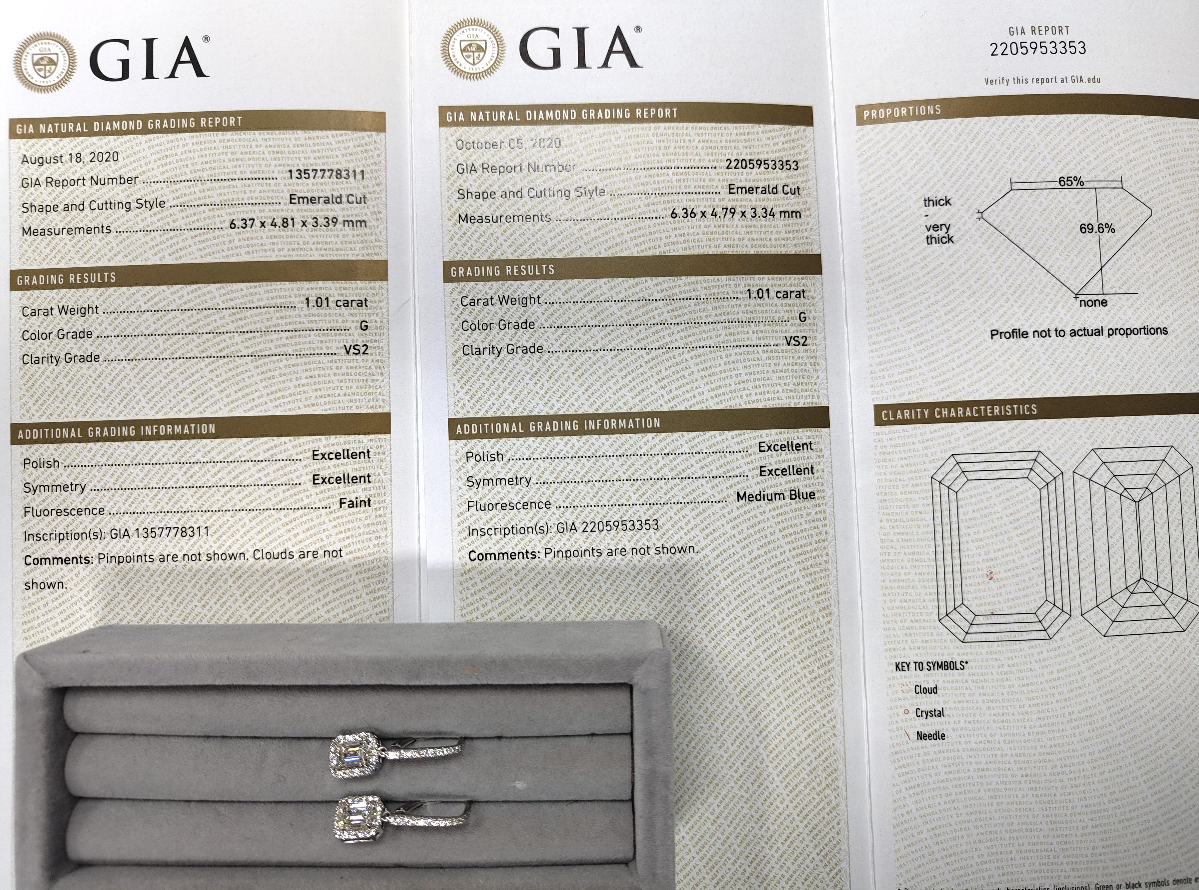 Women's GIA Certified 2.02 Carat Emerald Cut VS2 Clarity G Color Dangle Drop Earrings For Sale