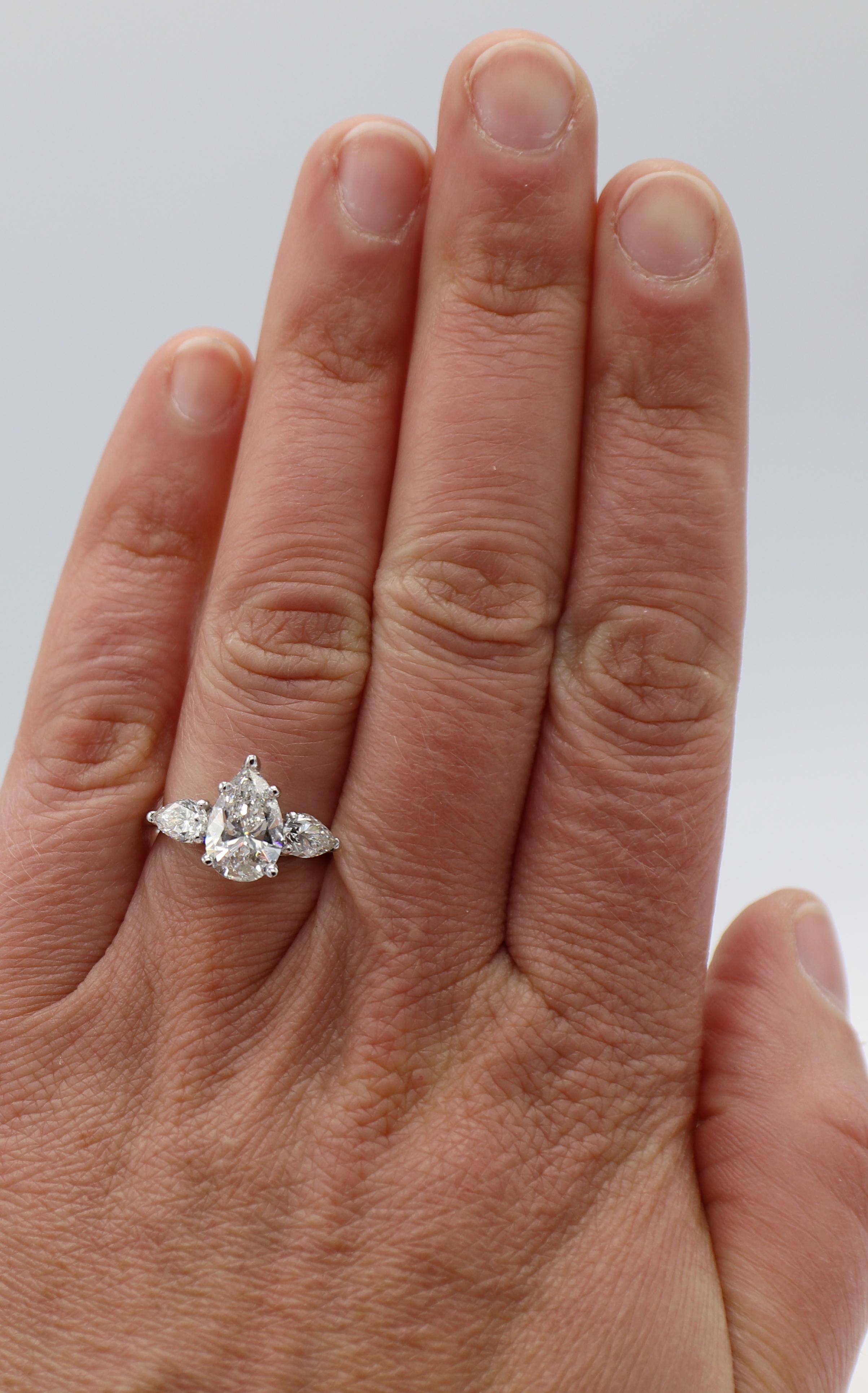 Women's GIA Certified 2.02 Carat F SI2 Pear Shape Diamond Three Stone Engagement Ring