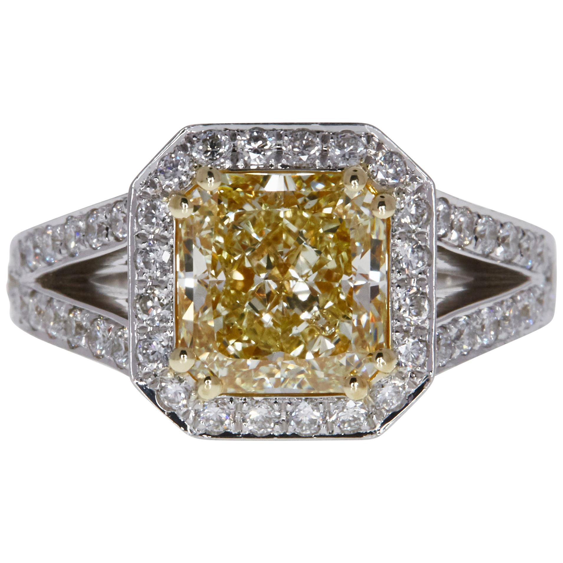 GIA Certified 1.62 Carat Fancy Greenish Yellow-Brown Radiant Diamond Ring in 14K For Sale