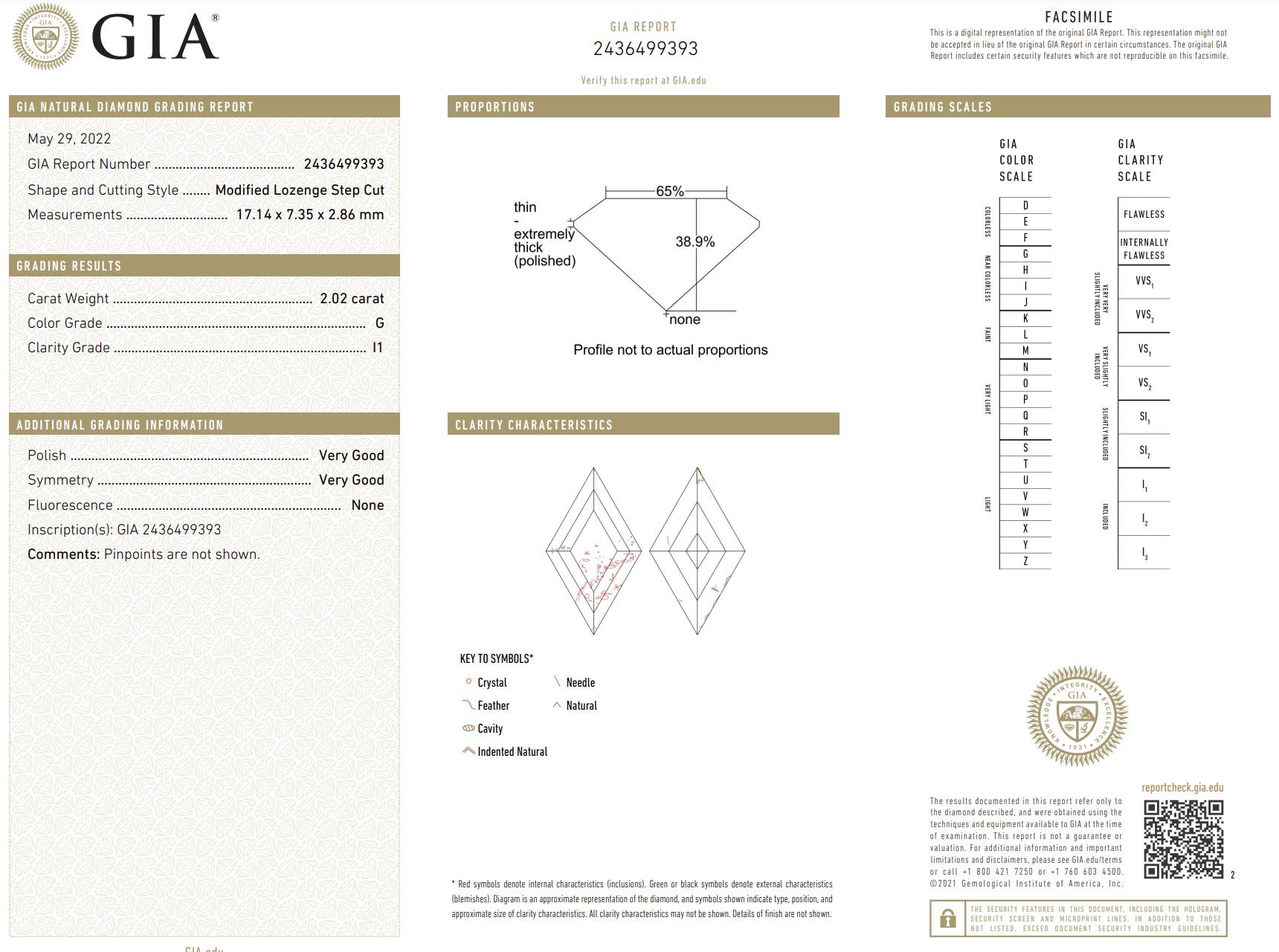 Art déco Diamant à losange modifié G I1 de 2,02 carats certifié par le GIA en vente