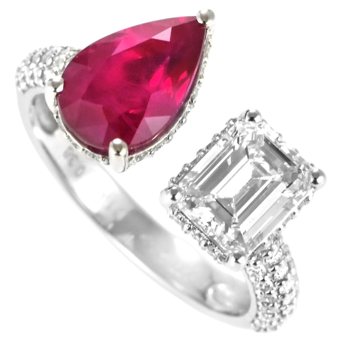 GIA Certified 2.02 Carat Natural Burmese Ruby and Diamond Toi Et Moi Ring