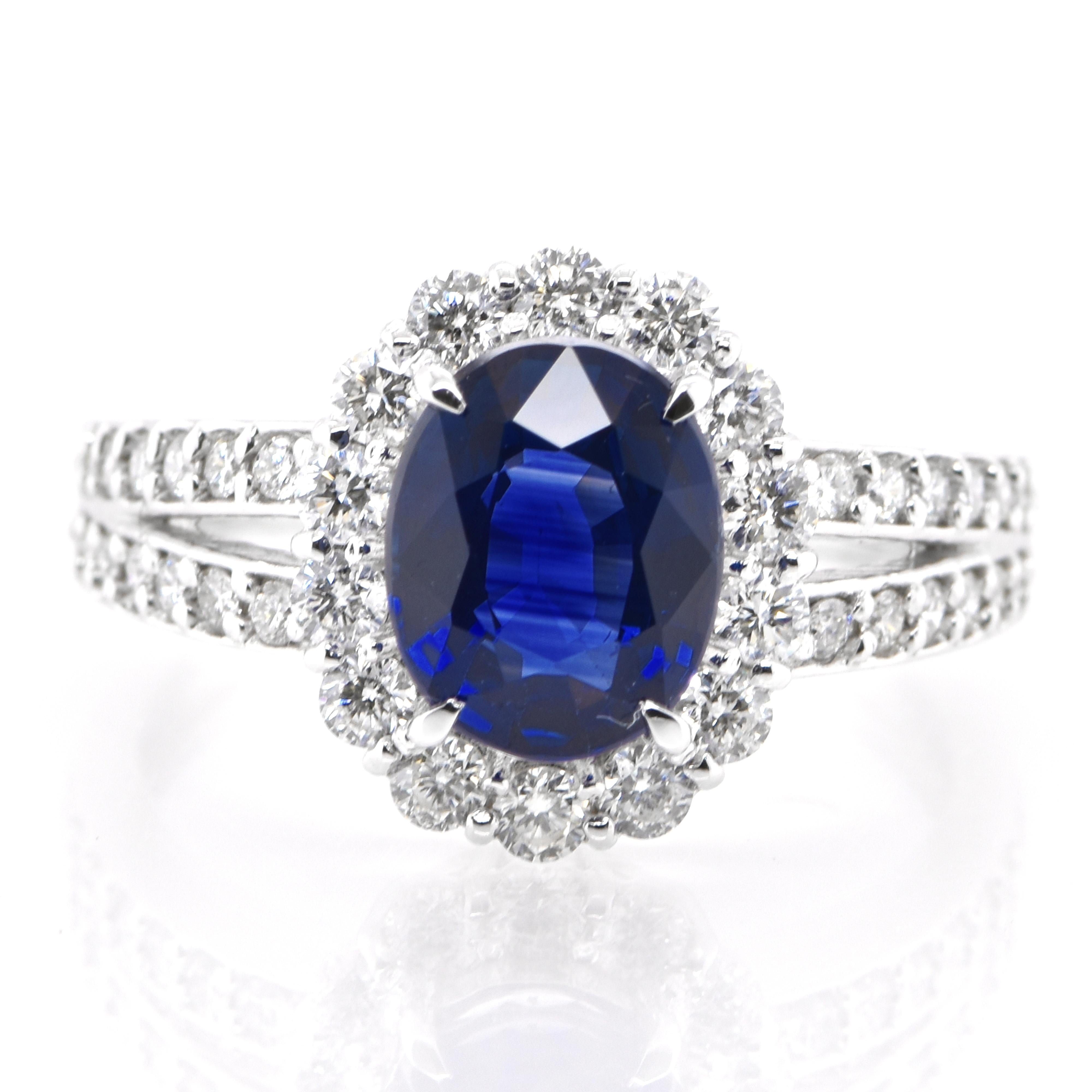 A beautiful ring featuring a GIA Certified 2.02 Carat Natural Ceylon Sapphire and 0.65 Carats Diamond Accents set in Platinum. Sapphires have extraordinary durability - they excel in hardness as well as toughness and durability making them very