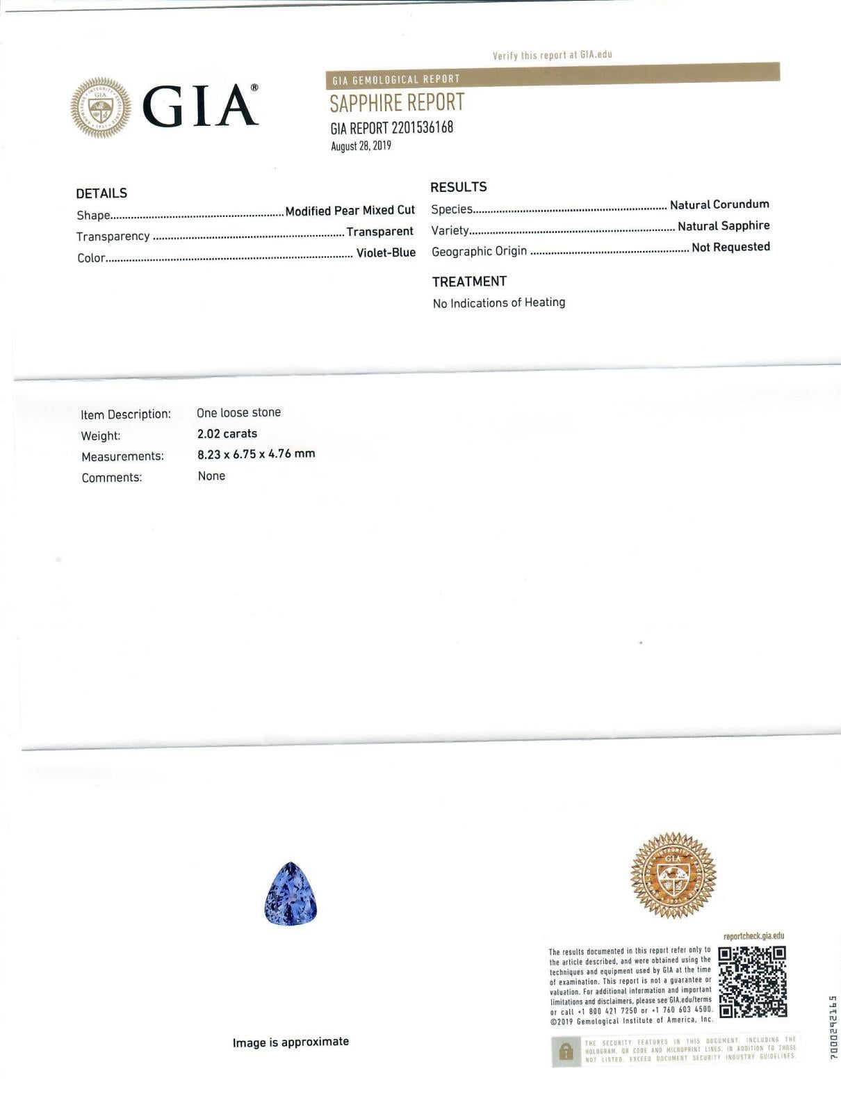 GIA Certified 2.02 Carat No Heating Blue Sapphire For Sale 1