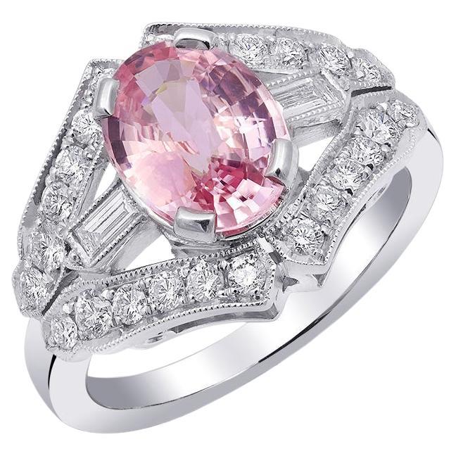 Bague Art déco en platine avec saphir padparadscha certifié GIA de 2,02 carats et diamants