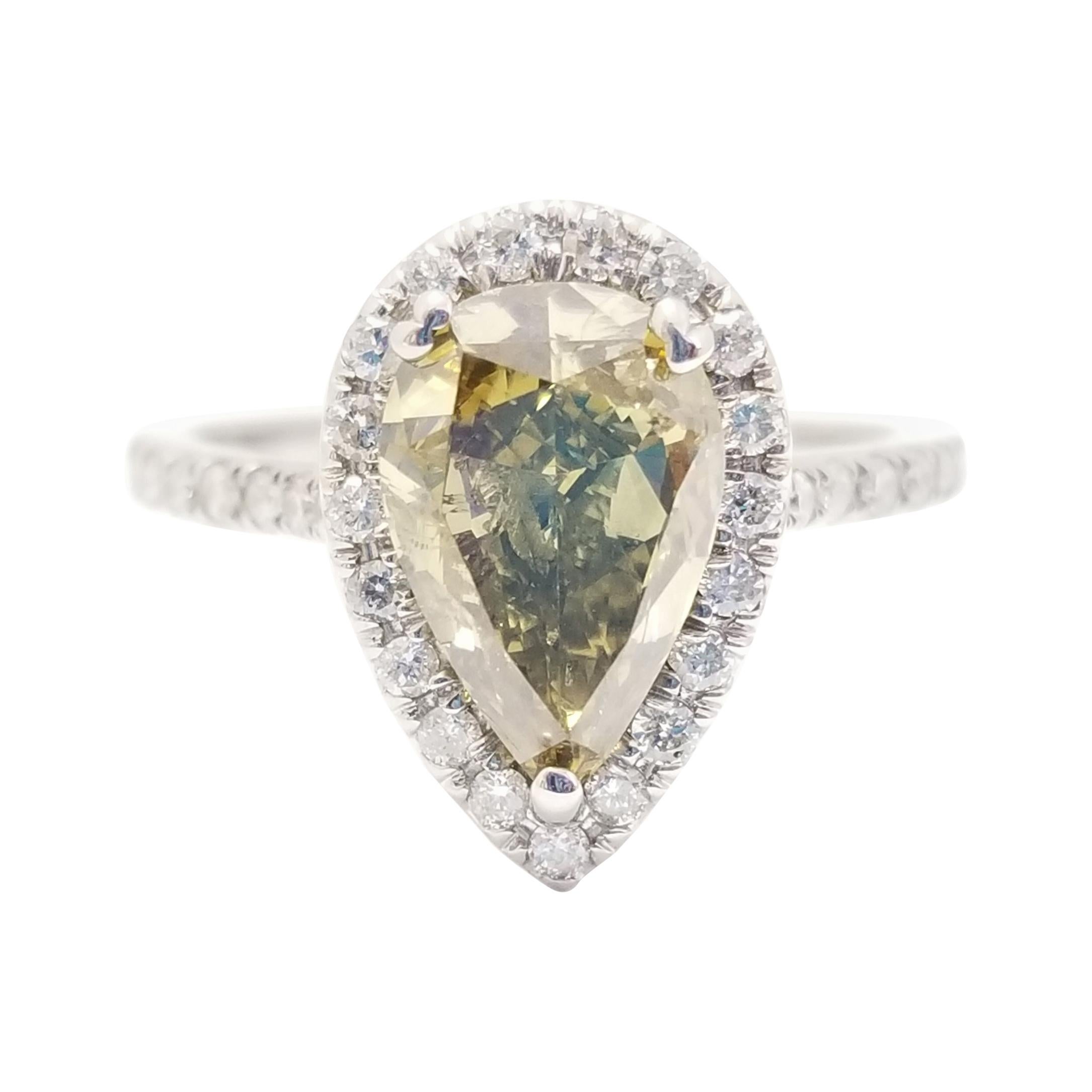 GIA 2.02 Carat Pear Shape Fancy Yellow Natural Diamond Ring 14 Karat White Gold For Sale