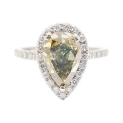 GIA 2.02 Carat Pear Shape Fancy Yellow Natural Diamond Ring 14 Karat White Gold