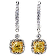 GIA Certified 2.02 Carat TW Cushion Natural Fancy Light Yellow Diamond Earrings