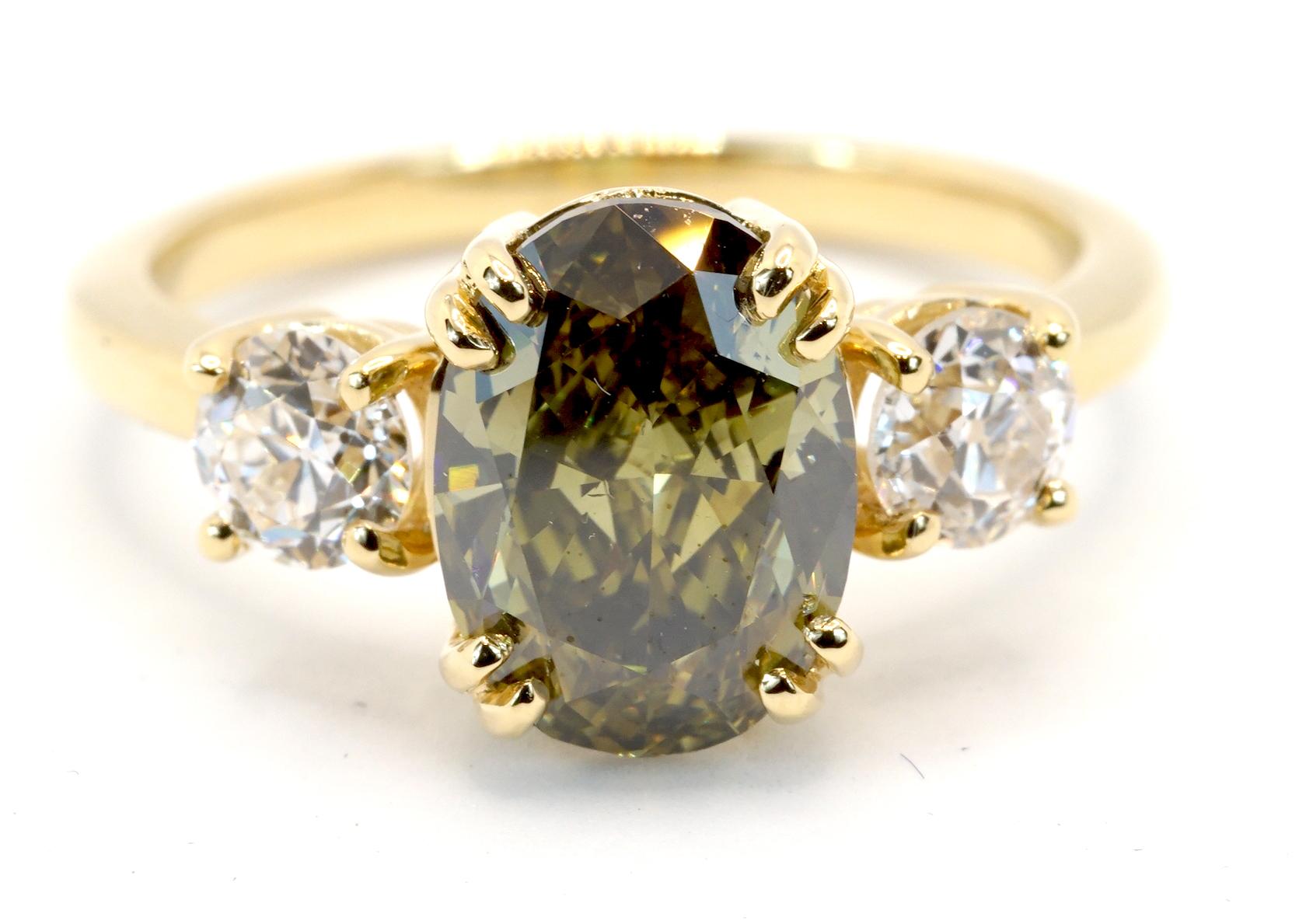 GIA Certified 2.02 Carats Natural Rare Chameleon Olive Diamond Three Stone Ring For Sale 1