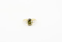 GIA Certified 2.02 Carats Natural Rare Chameleon Olive Diamond Three Stone Ring