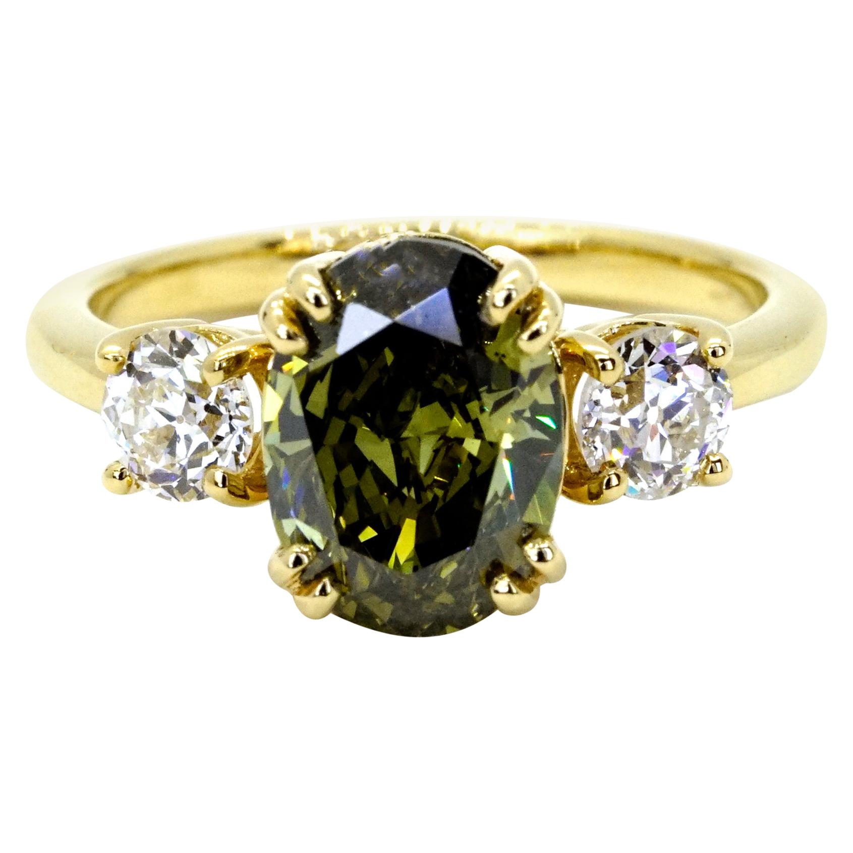 GIA Certified 2.02 Carats Natural Rare Chameleon Olive Diamond Three Stone Ring For Sale