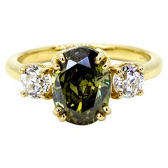 GIA Certified 2.02 Carats Natural Rare Chameleon Olive Diamond Three Stone Ring