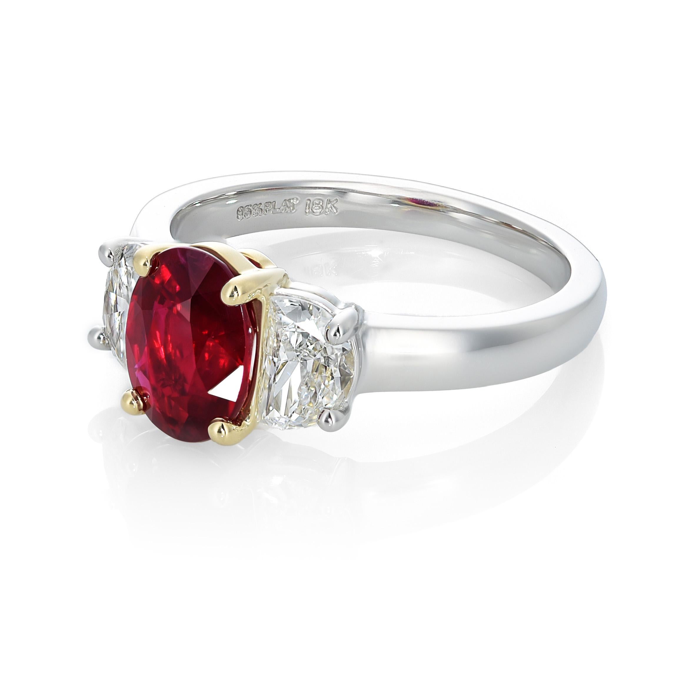 Women's GIA Certified 2.02 Carats Ruby Diamonds set in 18K Yellow Gold and Platinum Ring For Sale