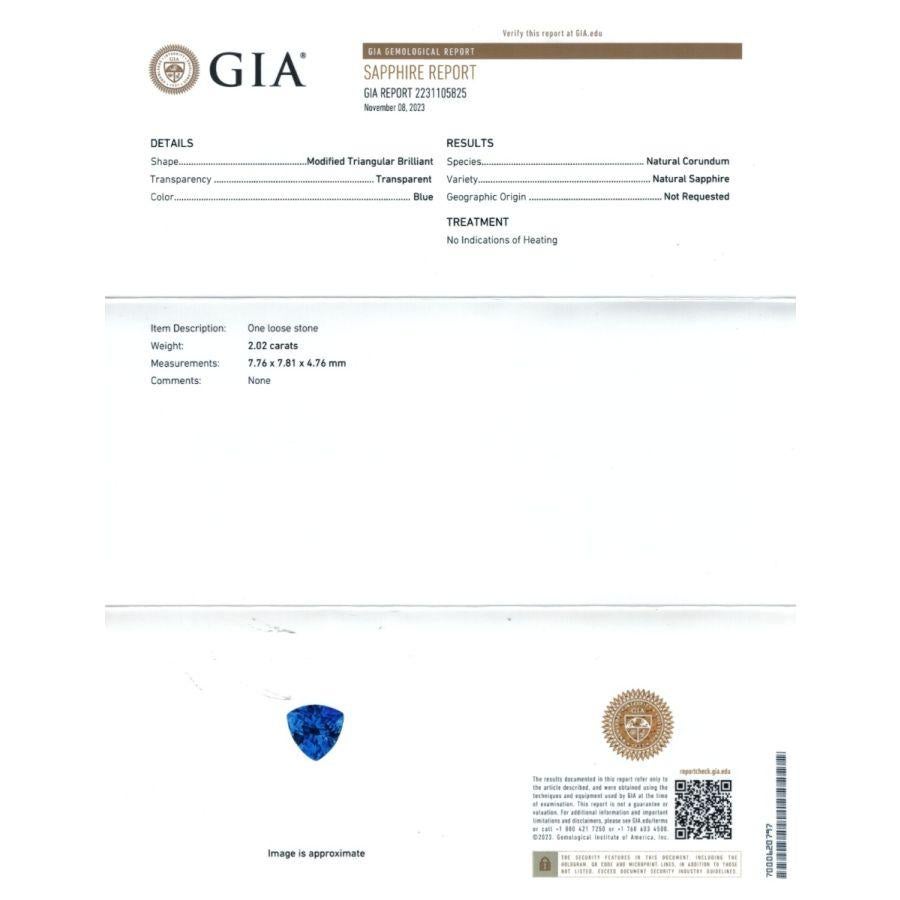 Identification: Natural Unheated Blue Sapphire 2.02 carats

Carat: 2.02 carats
Shape: Triangle
Measurements:  7.76 x 7.81 x 4.76 mm 
Cut: Brilliant/Step
Color: Pink
Heated: Unheated
Clarity: very eye clean
Report: GIA Report

Presenting a remarkable