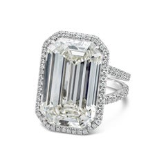 GIA Certified 20.21 Carats Emerald Cut Diamond Halo Engagement Ring in Platinum