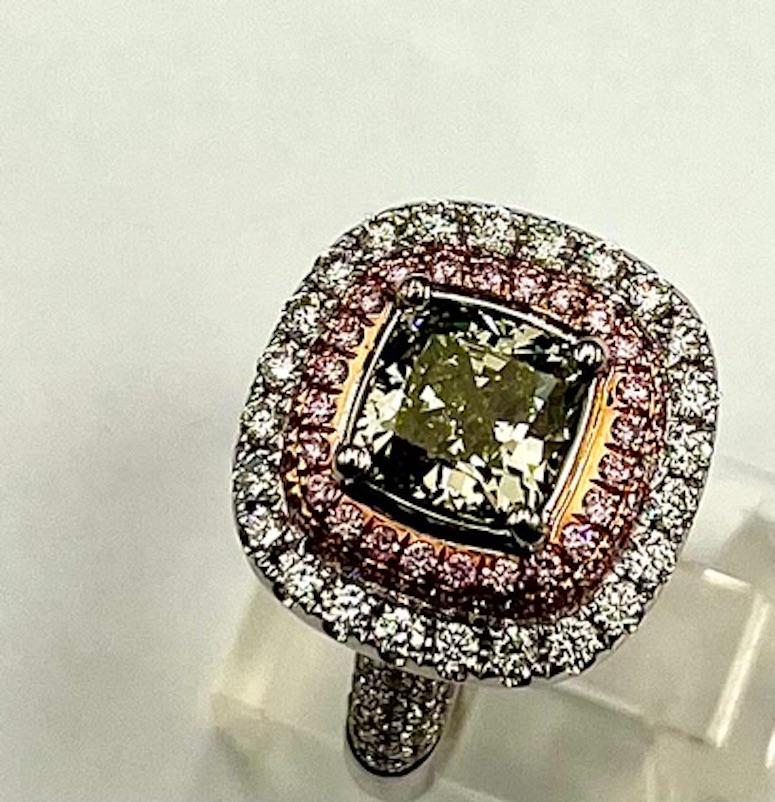 GIA Certified 2.02Ct Cushion Cut Natural Fancy Gray-Greenish Yellow Ring In New Condition For Sale In San Diego, CA