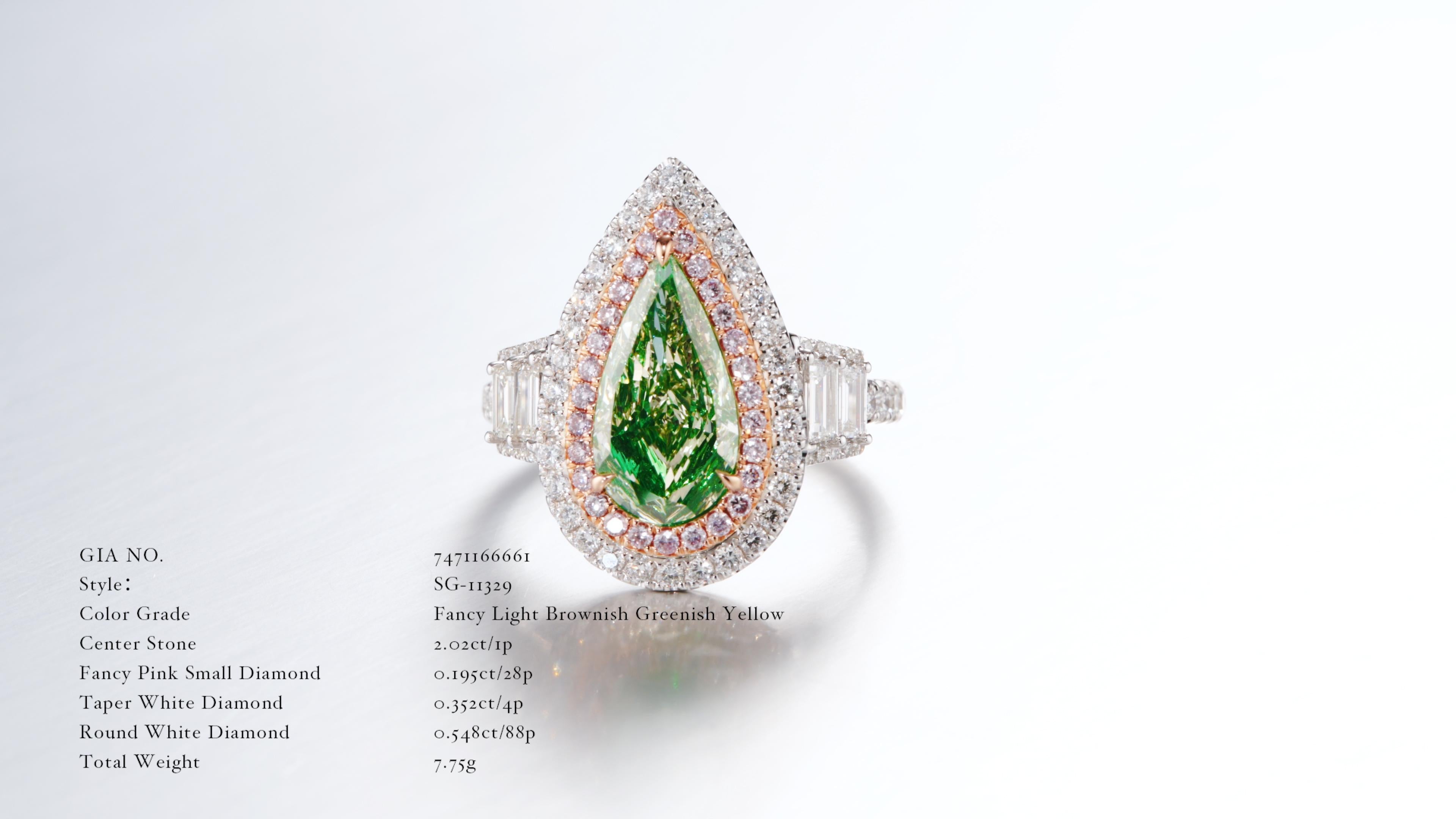 2.03-carat Fancy Light Brownish Greenish Yellow GIA Certified Pear Shape Diamond Ring – a true masterpiece that exudes elegance and uniqueness. The captivating pear-shaped center diamond, certified by GIA for its exceptional quality, takes center