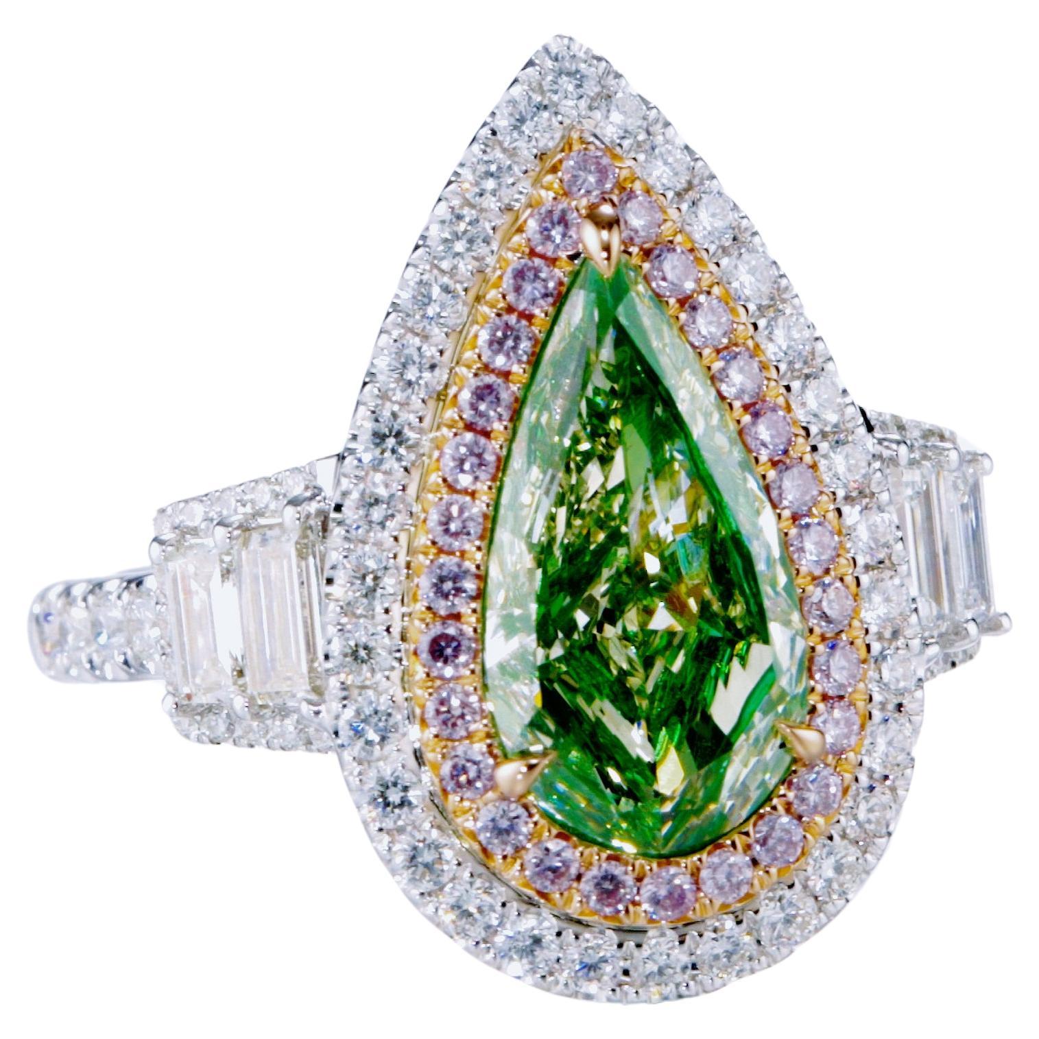 Bague diamant poire certifié GIA, 2,02ct Fancy Light Brownish Greenish Yellow