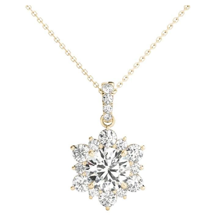 GIA Certified 2.02ct Round Diamond Cluster Halo Pendant Necklace in Yellow Gold