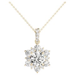 GIA Certified 2.02ct Round Diamond Cluster Halo Pendant Necklace in Yellow Gold