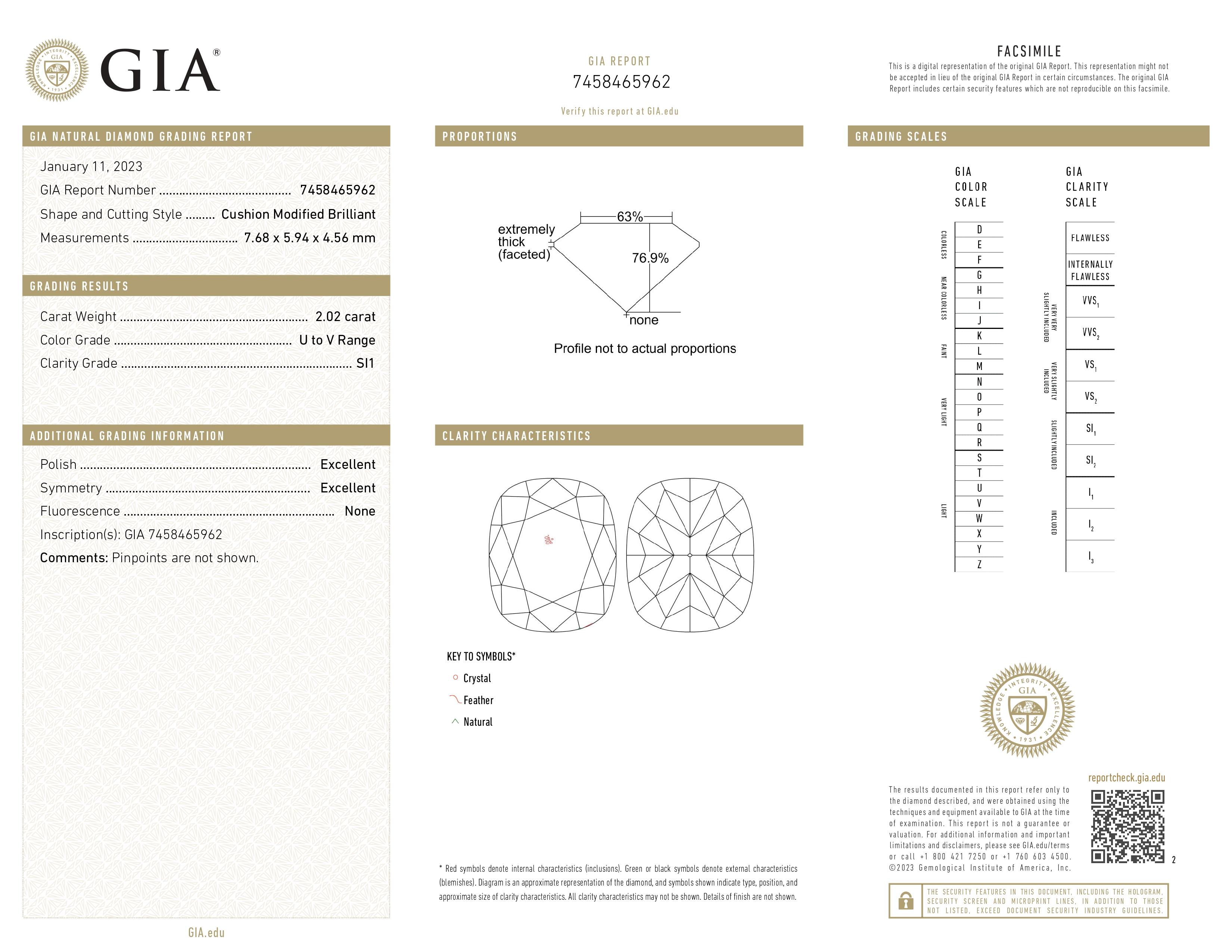 Bague solitaire à diamant en forme de coussin de 2,02ct, certifiée par le GIA, de catégorie U à V, naturelle. en vente 1
