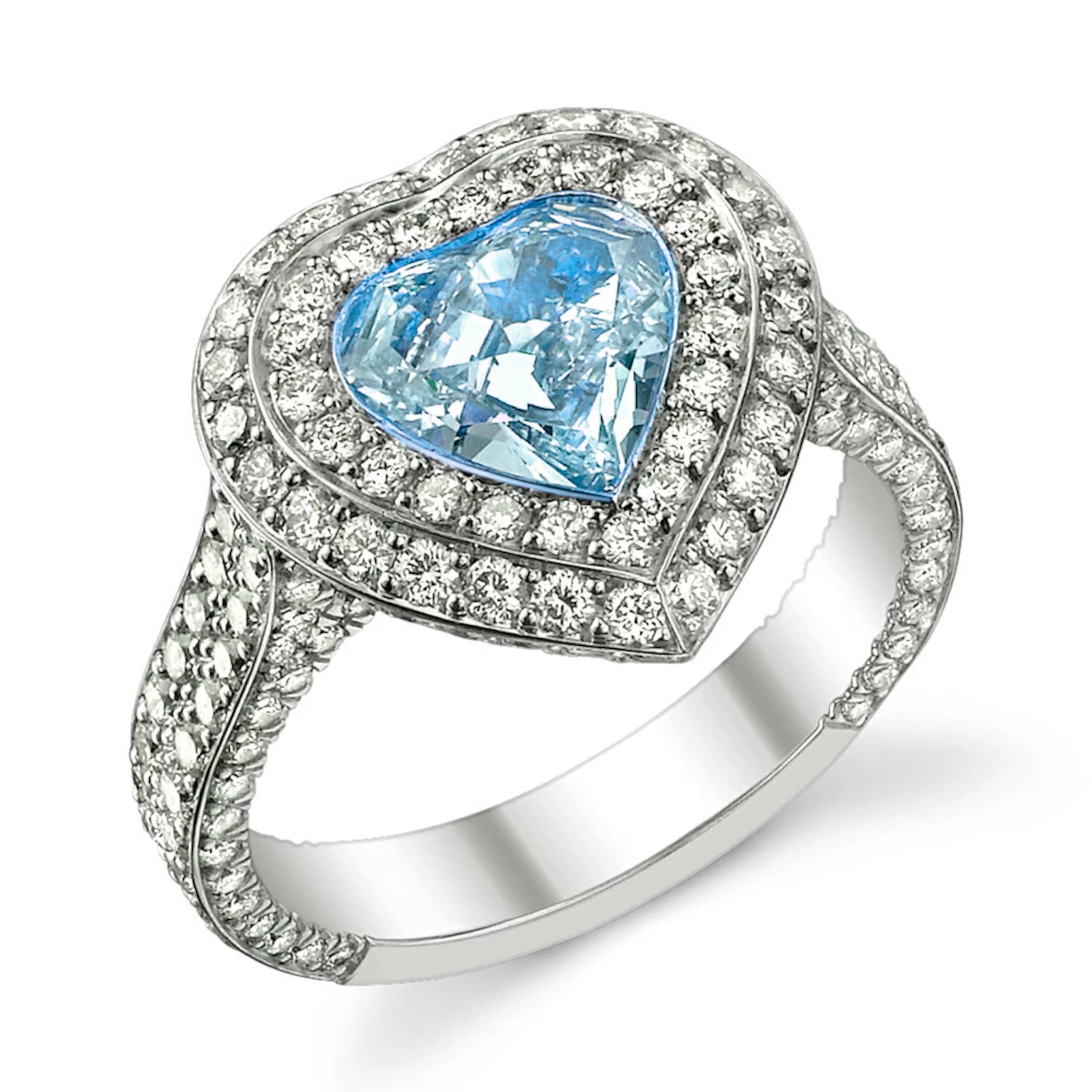 Bague en forme de cœur certifiée GIA de 2,03 carats de couleur bleu verdâtre fantaisie

La pièce maîtresse de ce joyau exquis est un diamant en forme de cœur pesant 2,03 carats, certifié par le GIA comme étant de couleur bleu verdâtre clair avec une