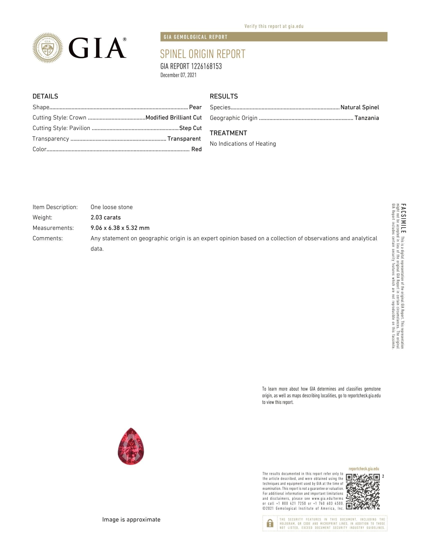 GIA-zertifizierter 2,03 Karat Mahenge-roter Spinellring mit Spinell (Tropfenschliff) im Angebot